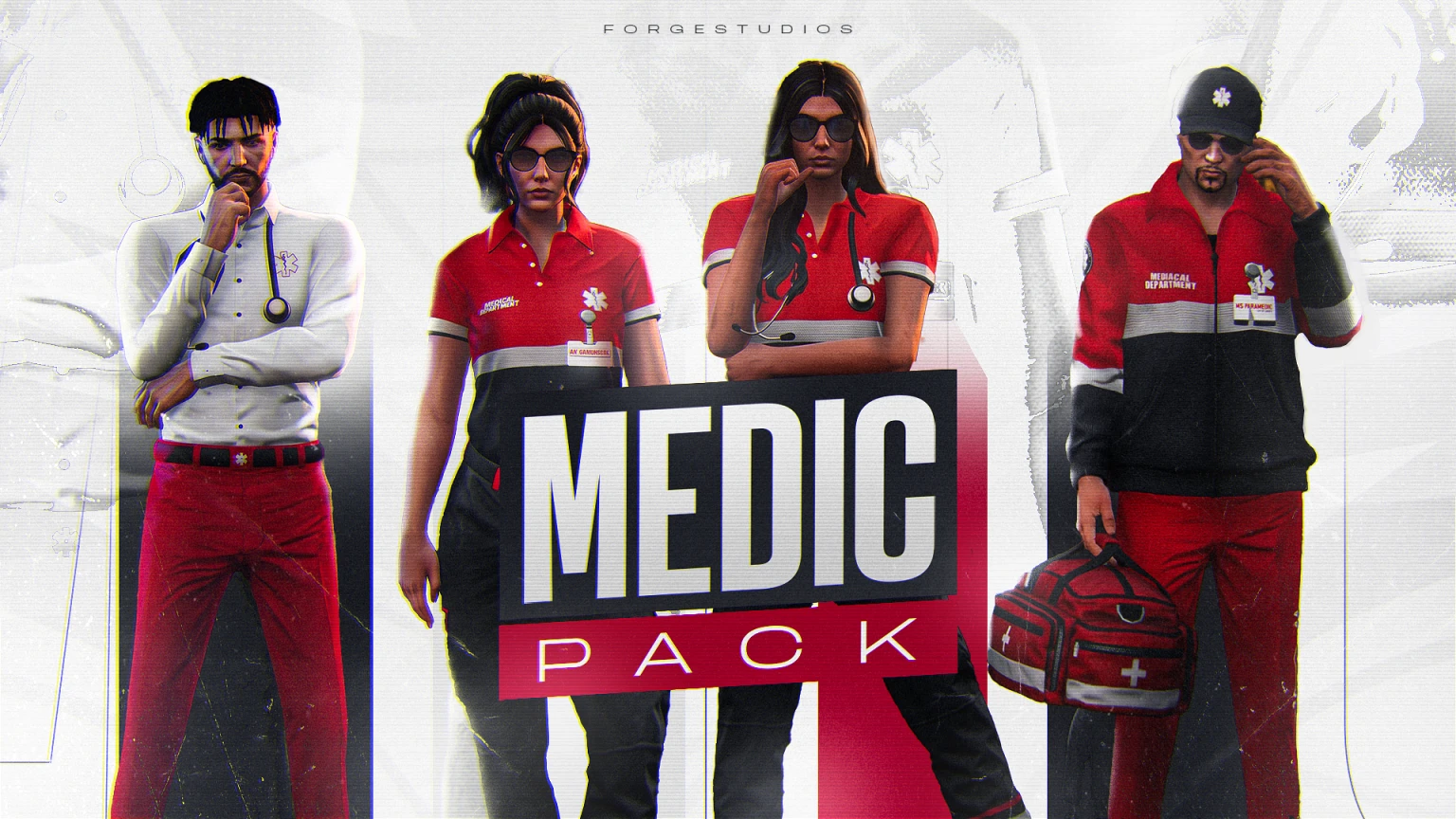 Medic Pack mit vier Charakteren in weißen und rot-dunkelblauen Uniformen