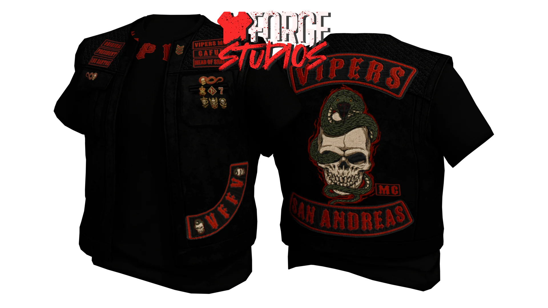 Black biker vest outfit with red patches – FiveM MC clothing (Vipers MC)