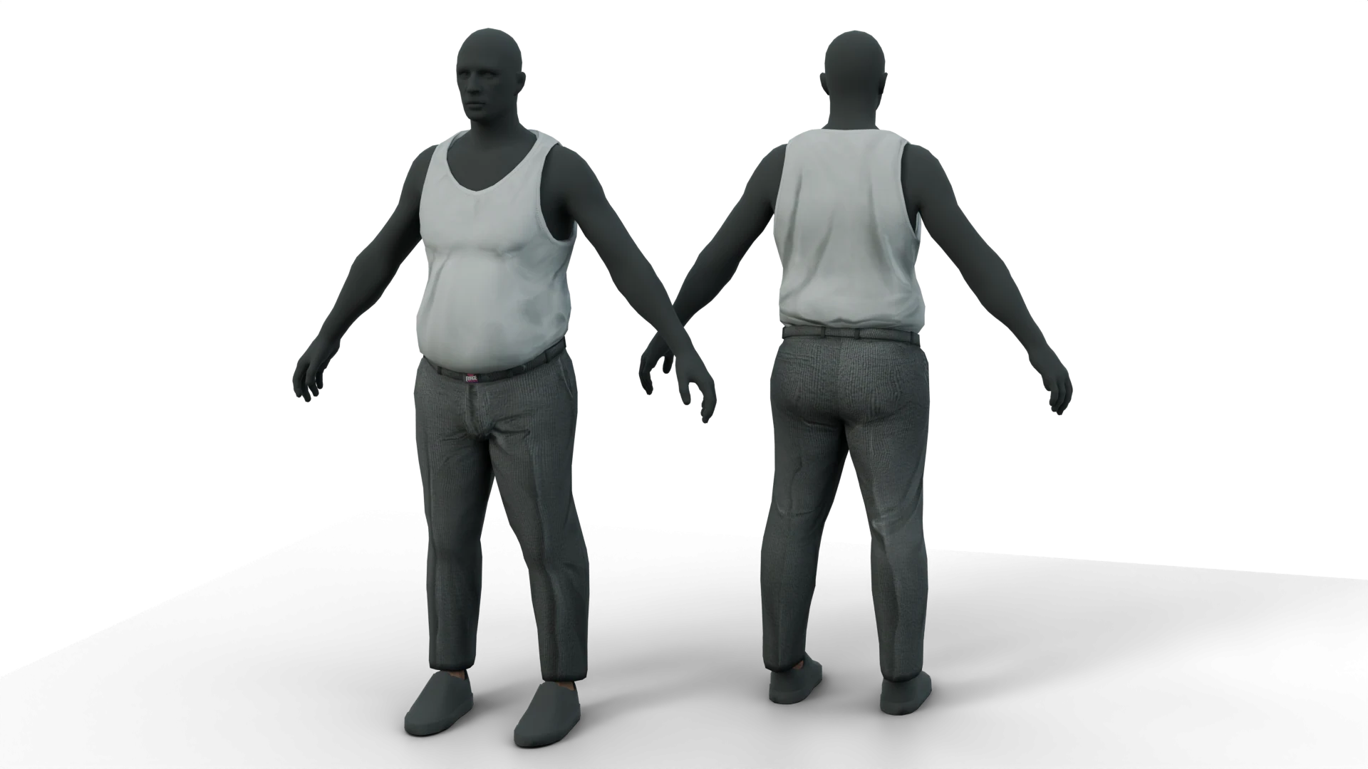 White tank top and grey trousers on a character with a rounded belly – FiveM 3D clothing asset (Fat Belly Tanktop & Pants)