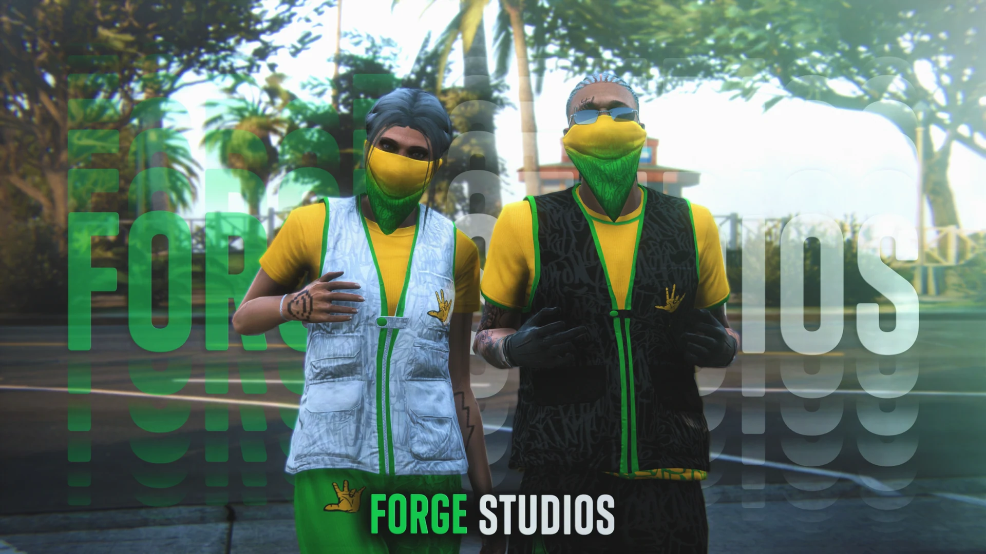 Black and white vests over yellow shirts, with green bandanas – FiveM gang clothing for GTA RP (7th Yards)