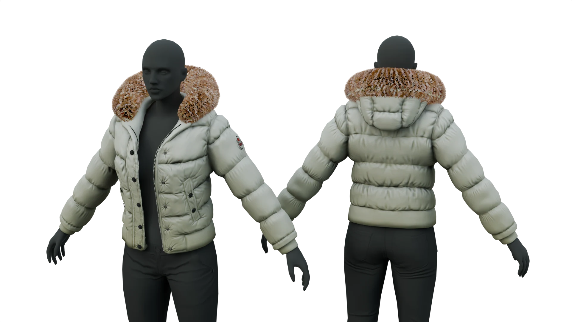 White puffer jacket with tan fur-trimmed collar – FiveM 3D clothing asset (Puffer Jacket)