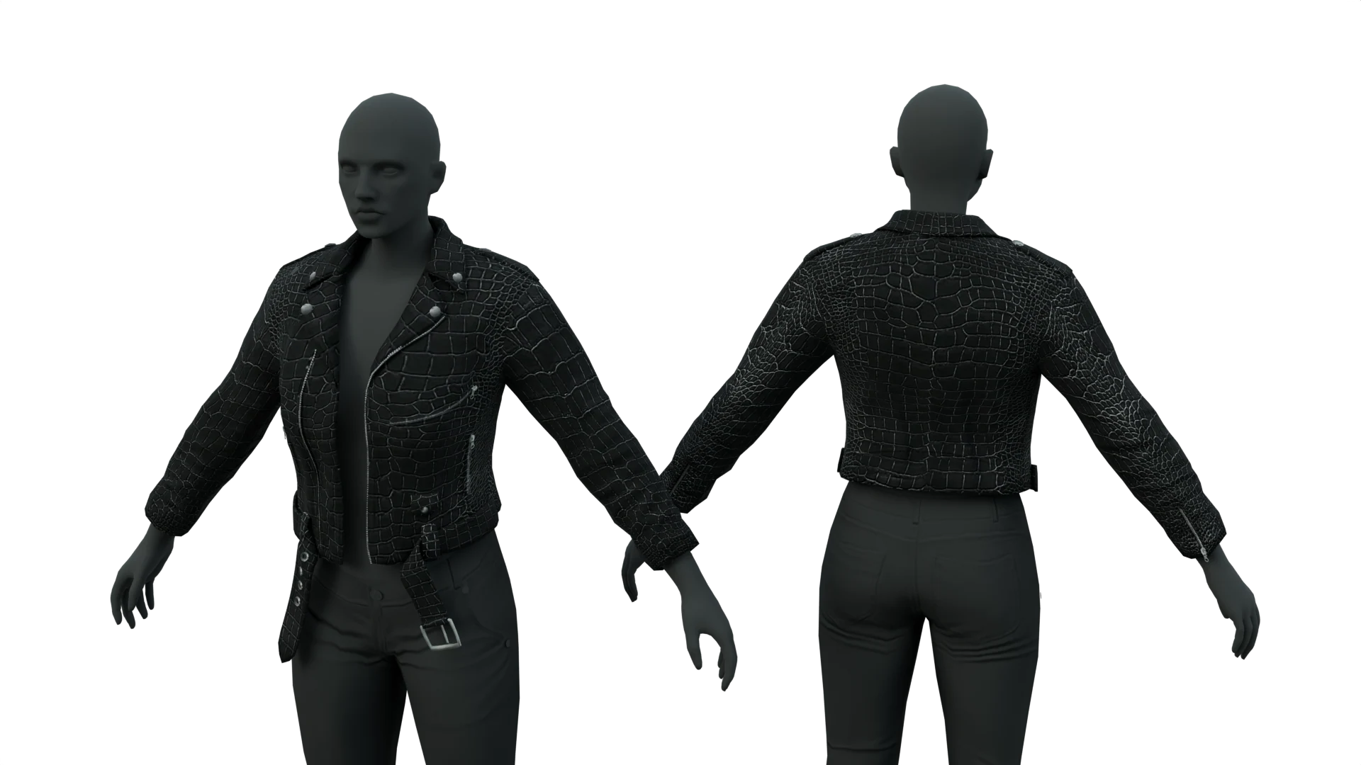 Black reptile-pattern jacket, front and back – FiveM 3D clothing asset (Gator Jacket)