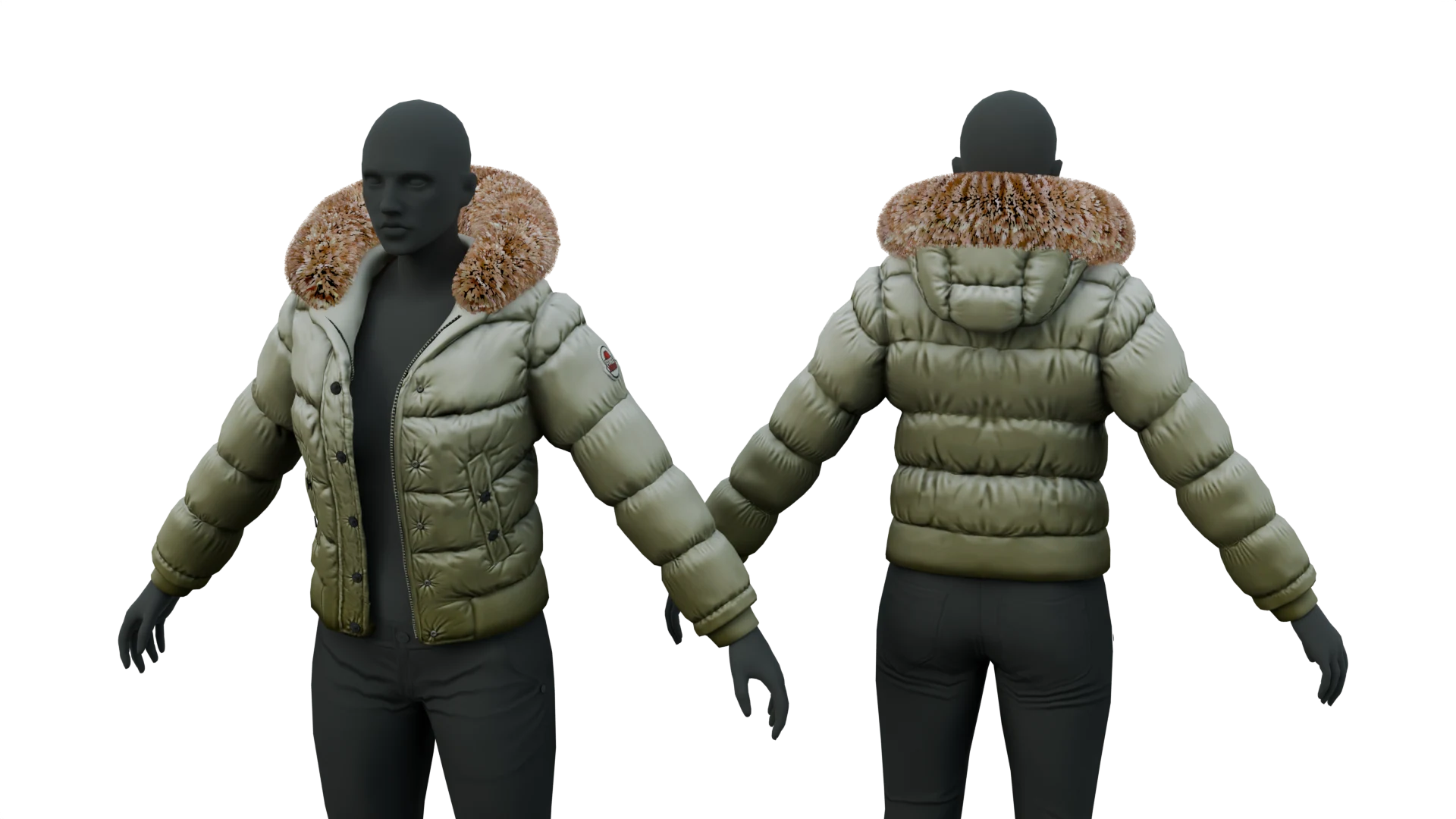 Beige puffer jacket with tan fur-trimmed collar – FiveM 3D clothing asset (Puffer Jacket)