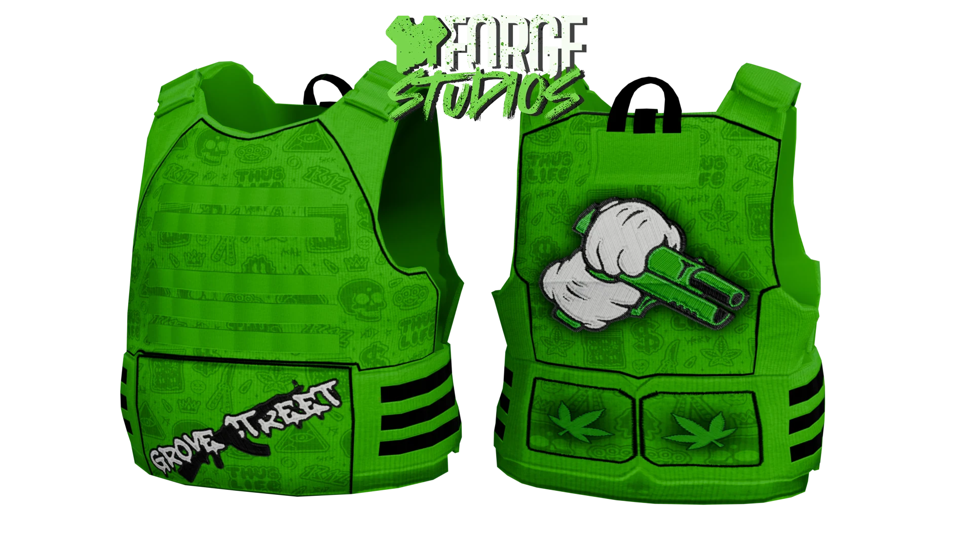 Green tactical vest with graphic patches – FiveM gang clothing for GTA RP (Grove Street)