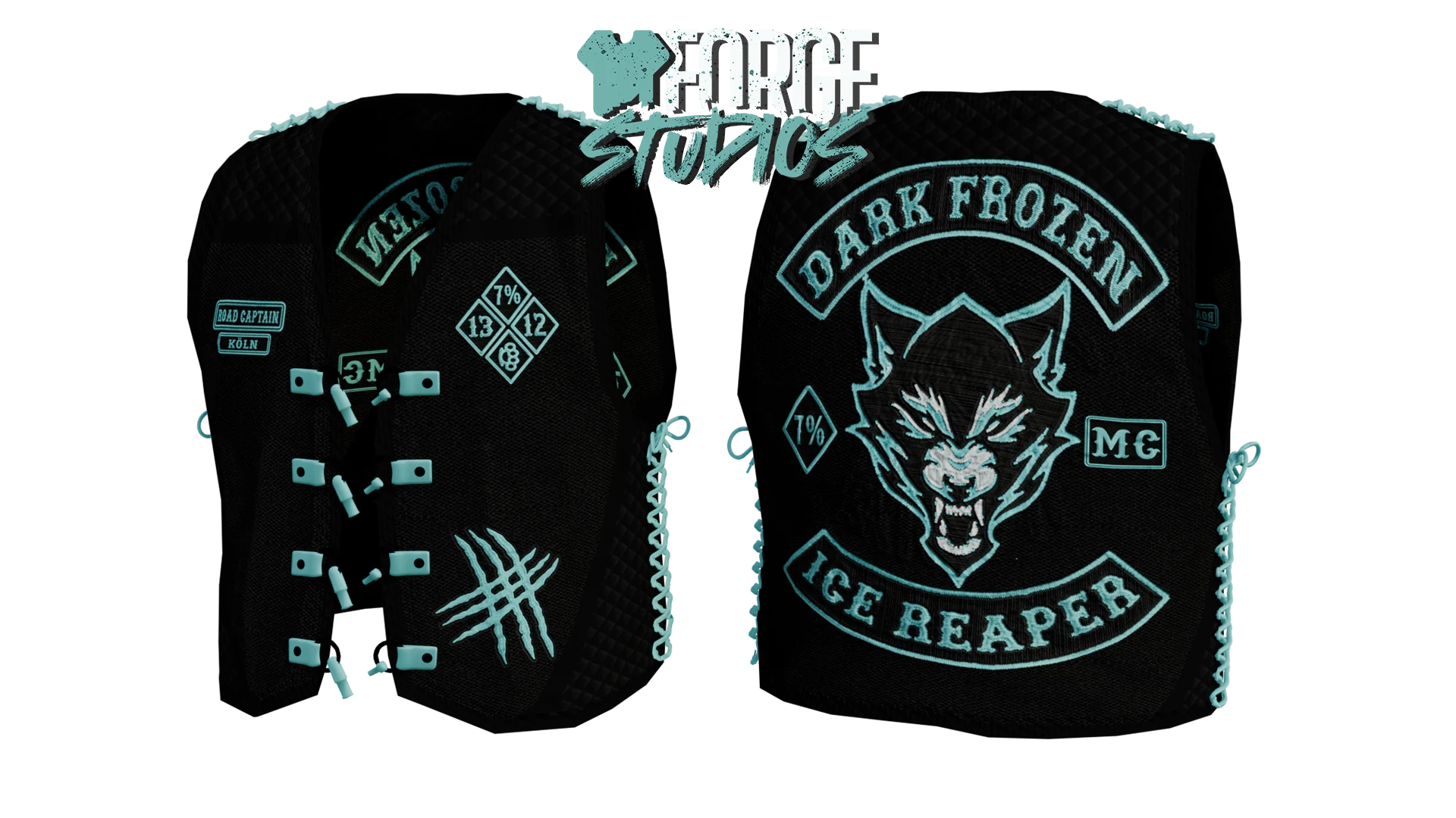 Black biker vest with cyan patches – FiveM MC clothing (Dark Frozen MC)