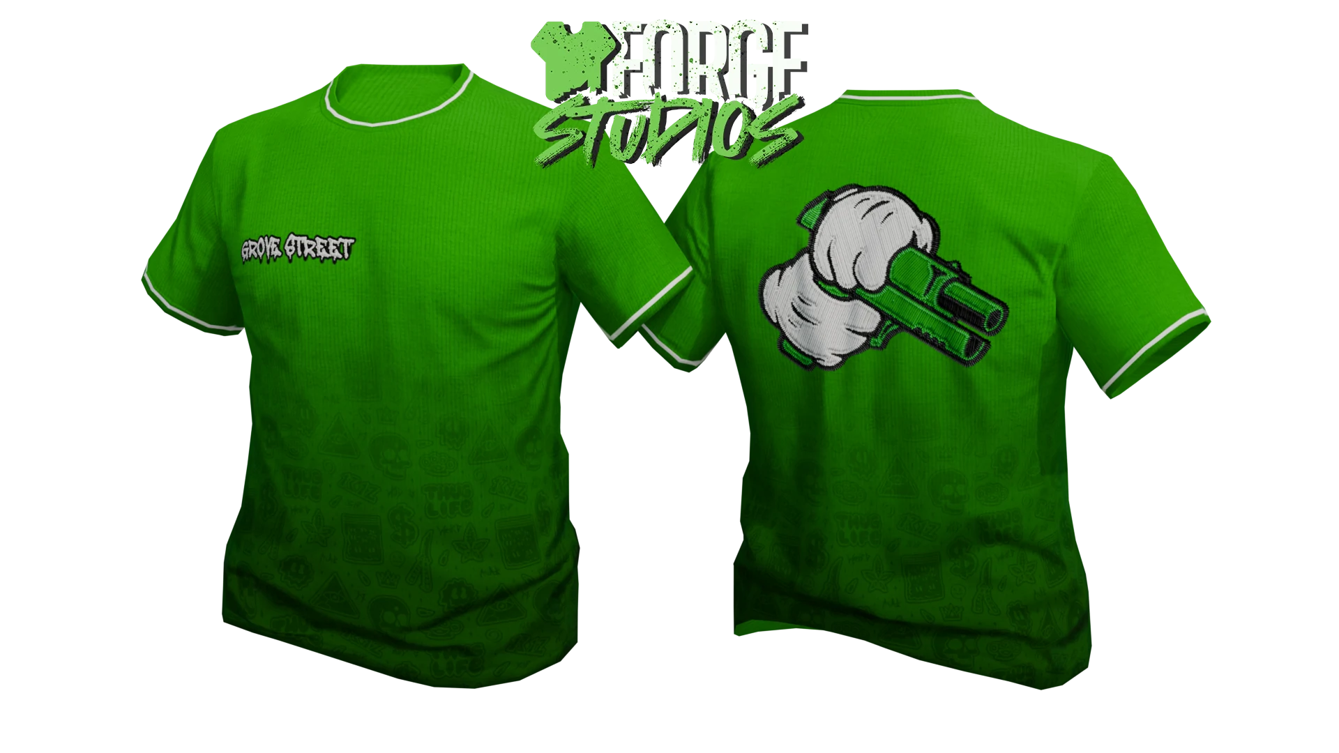 Green graphic T-shirt, front and back – FiveM gang clothing for GTA RP (Grove Street)