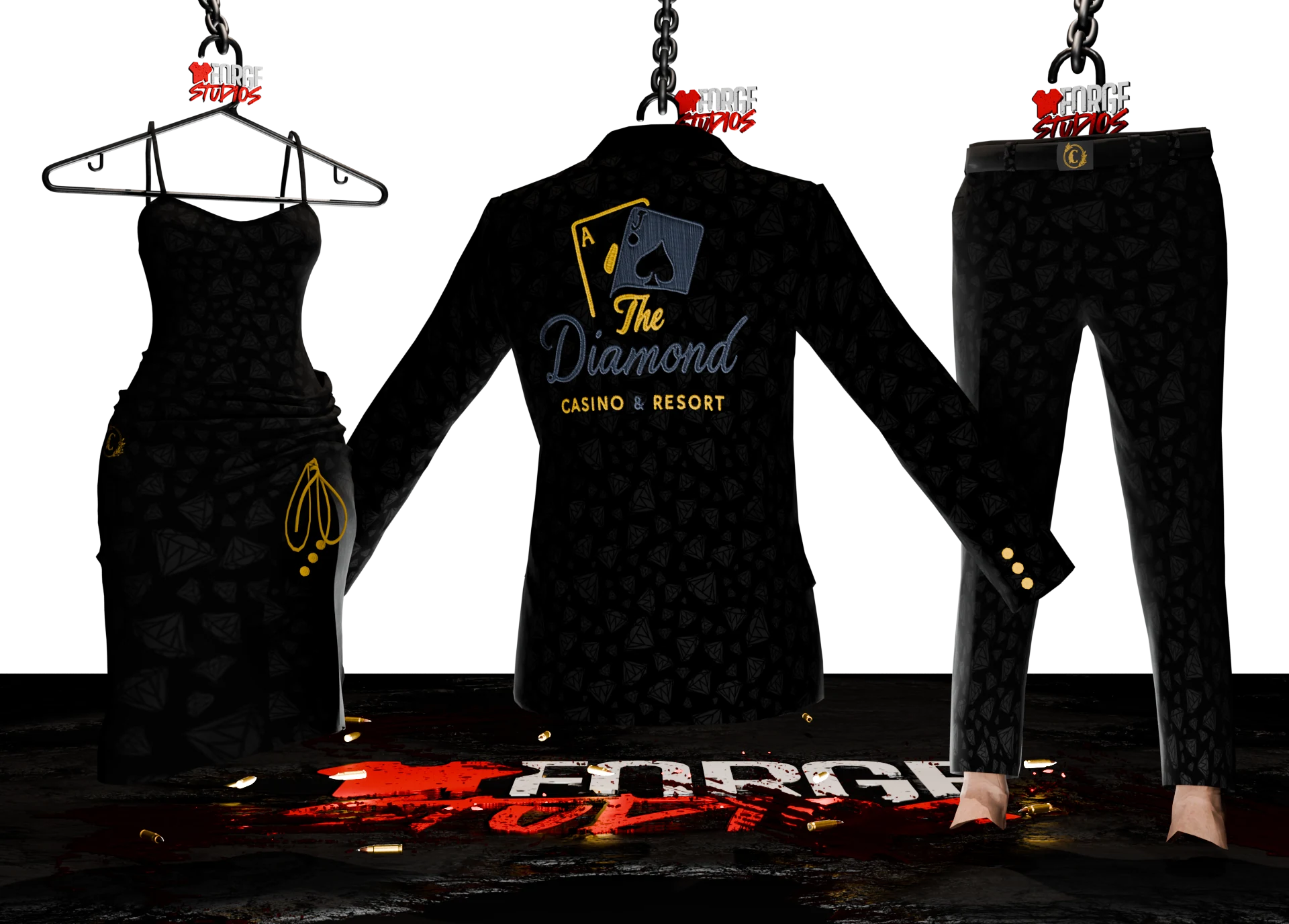 Black casino-themed dress, long-sleeve top and trousers with gold details – FiveM faction clothing for GTA RP (Diamond Casino)