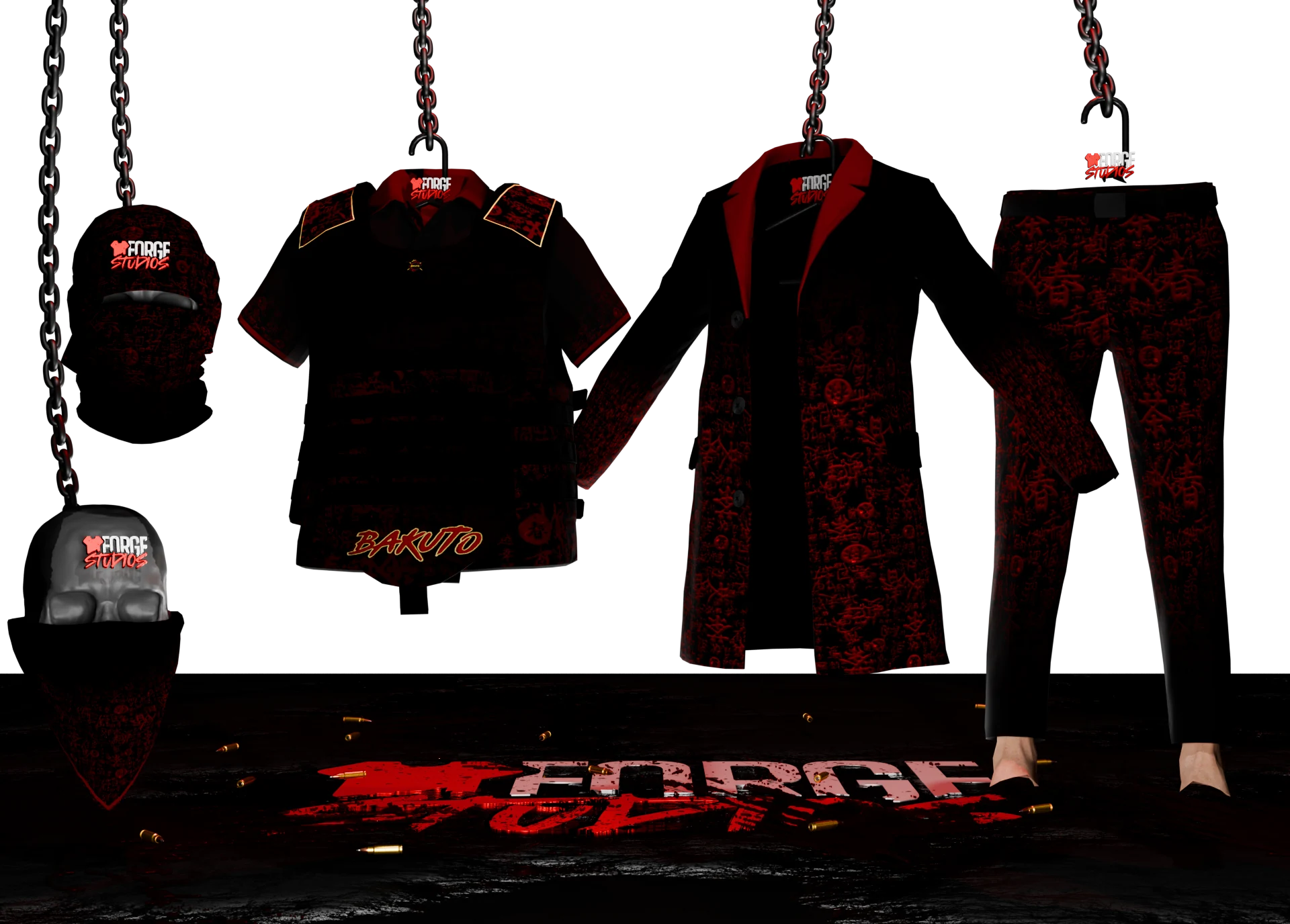 Black and red clothing set with long coat, polo shirt and trousers – FiveM faction clothing for GTA RP (Bakuto)