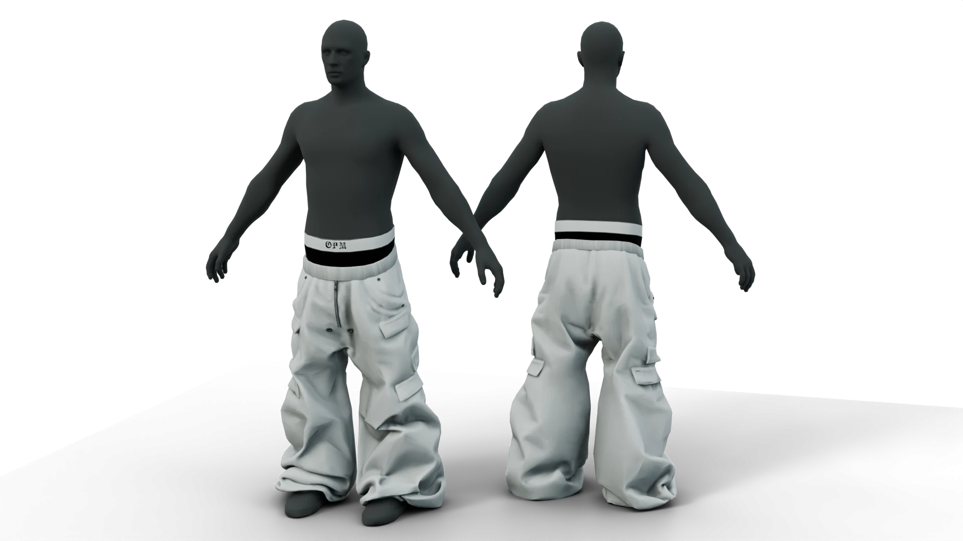 White baggy trousers on a mannequin, front and back – FiveM 3D clothing asset (Baggy Pants Opium Style)