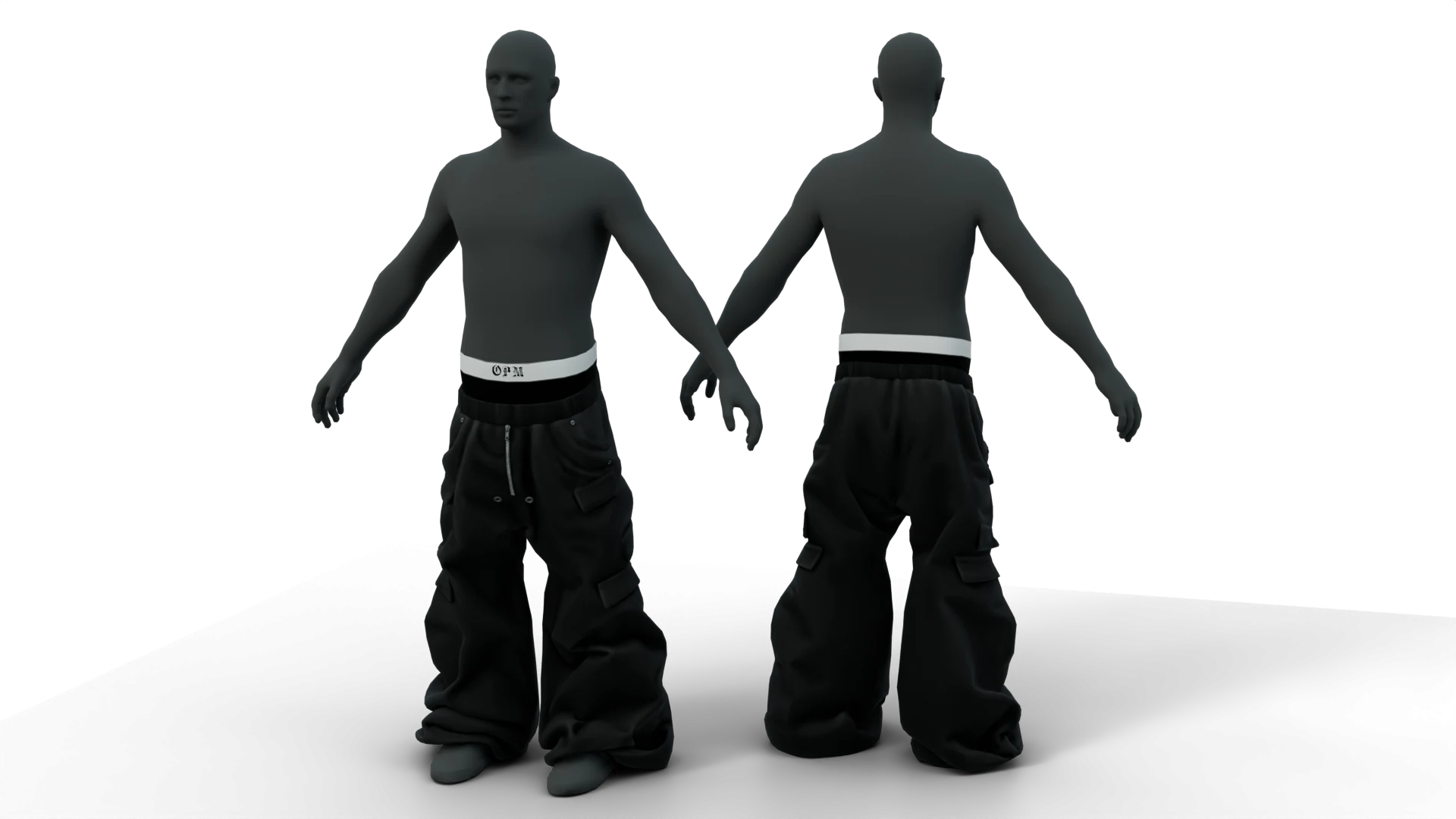 Black baggy trousers on a mannequin, front and back – FiveM 3D clothing asset (Baggy Pants Opium Style)