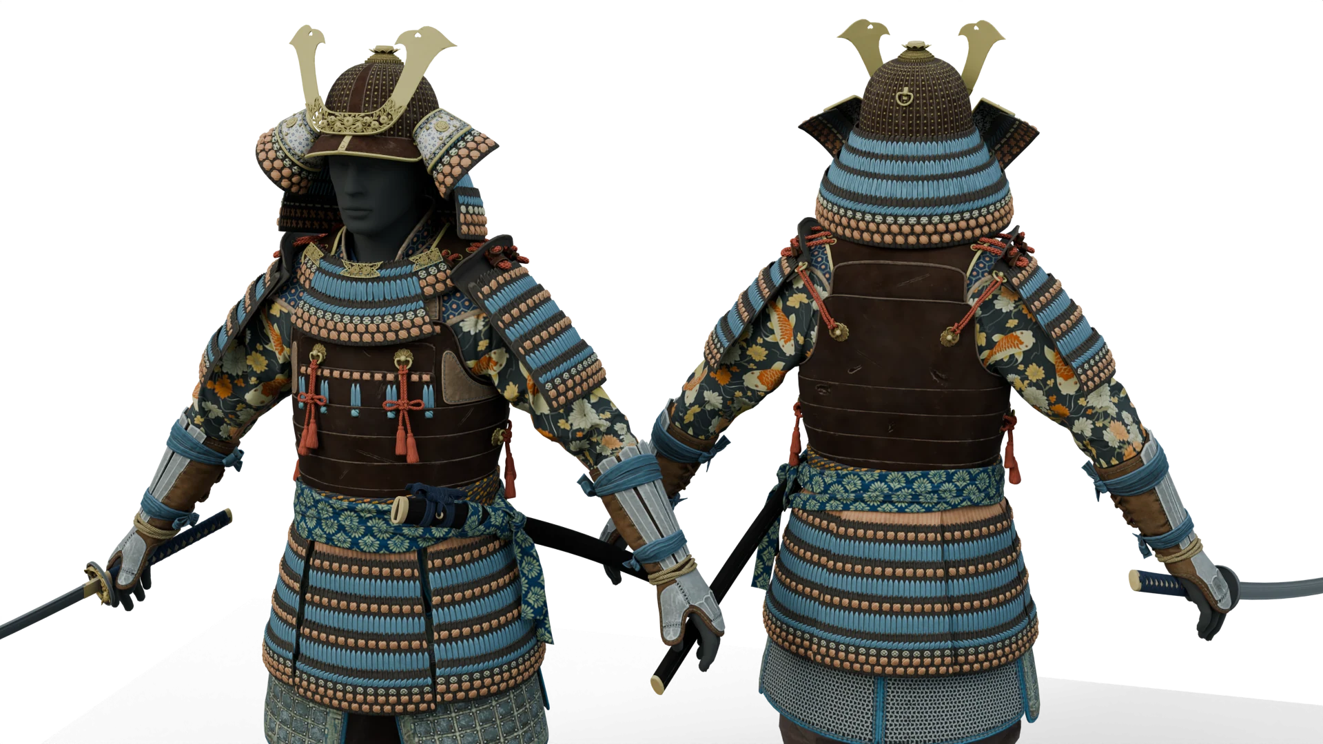 Blue and brown samurai armor, upper-body detail – FiveM 3D clothing asset (Samurai)