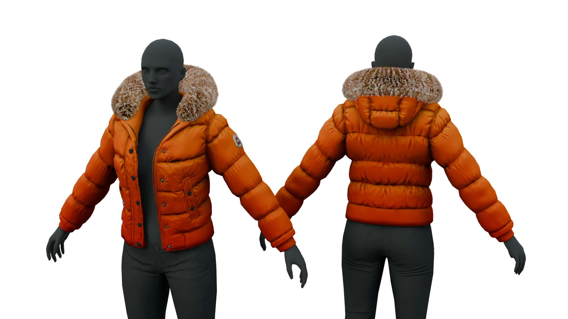 Orange puffer jacket with tan fur-trimmed collar – FiveM 3D clothing asset (Puffer Jacket)