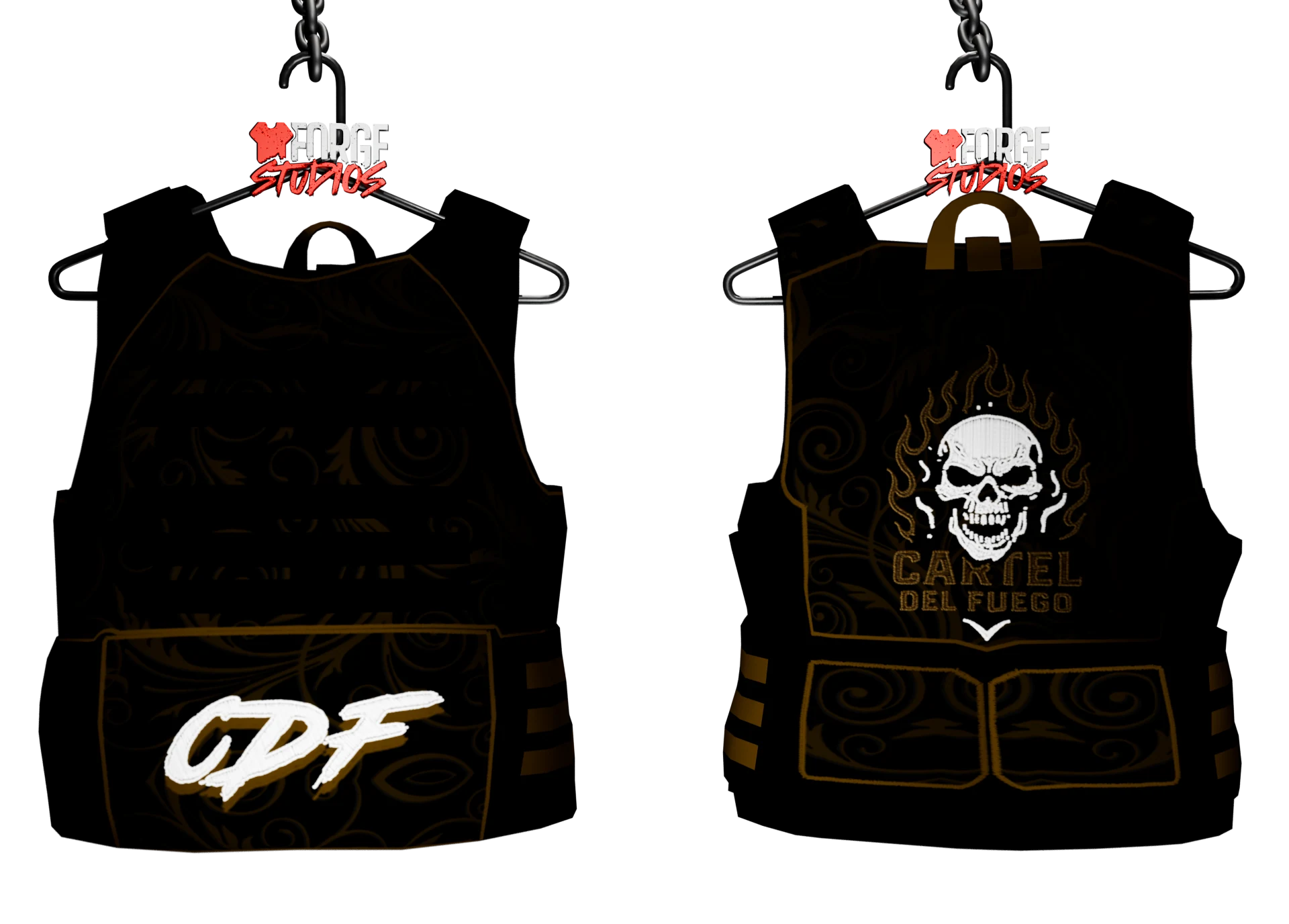 Black tactical vest with gold graphics – FiveM faction clothing for GTA RP (Cartel de Fuego)