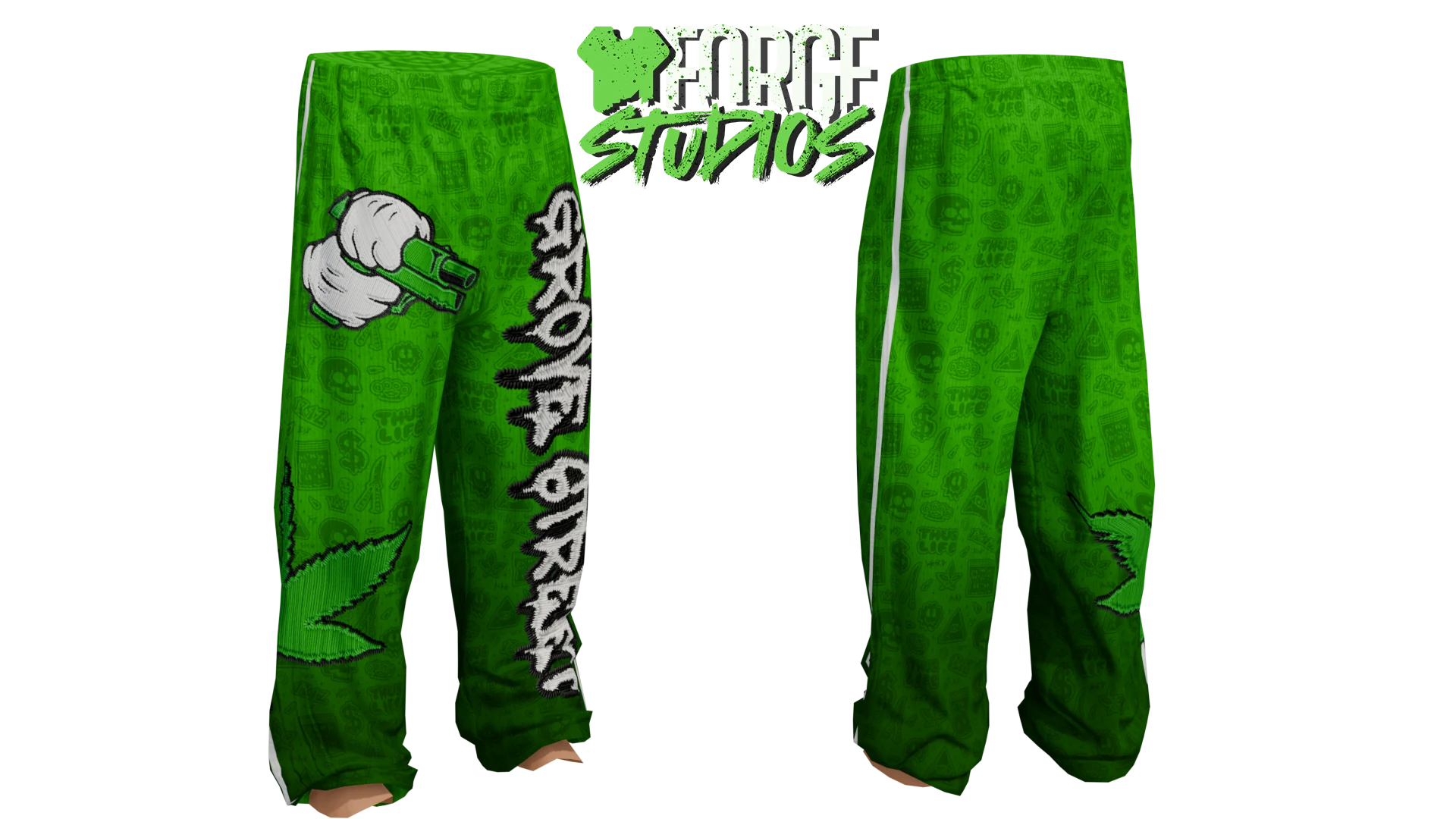 Green patterned trousers with white lettering – FiveM gang clothing for GTA RP (Grove Street)