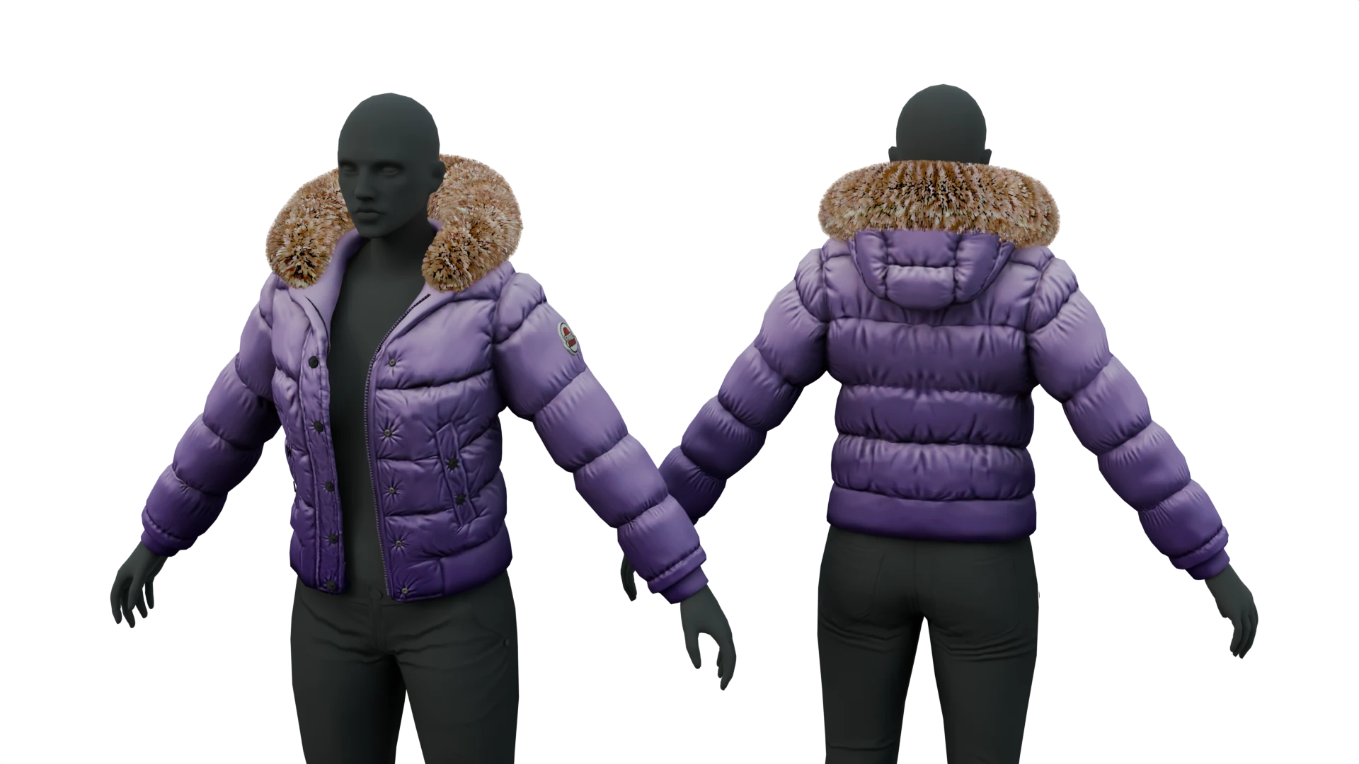 Light purple puffer jacket with tan fur-trimmed collar – FiveM 3D clothing asset (Puffer Jacket)