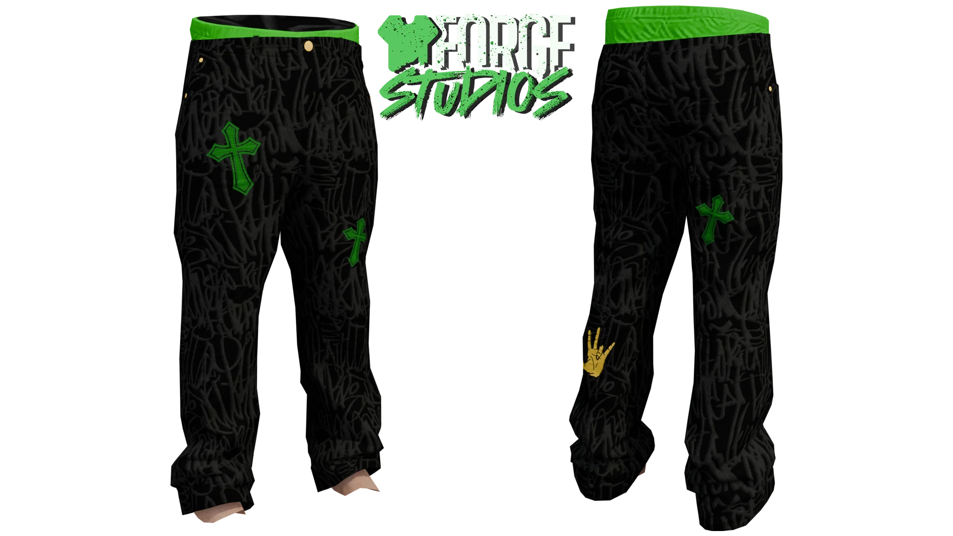 Black patterned trousers with green details, front and back – FiveM gang clothing for GTA RP (7th Yards)