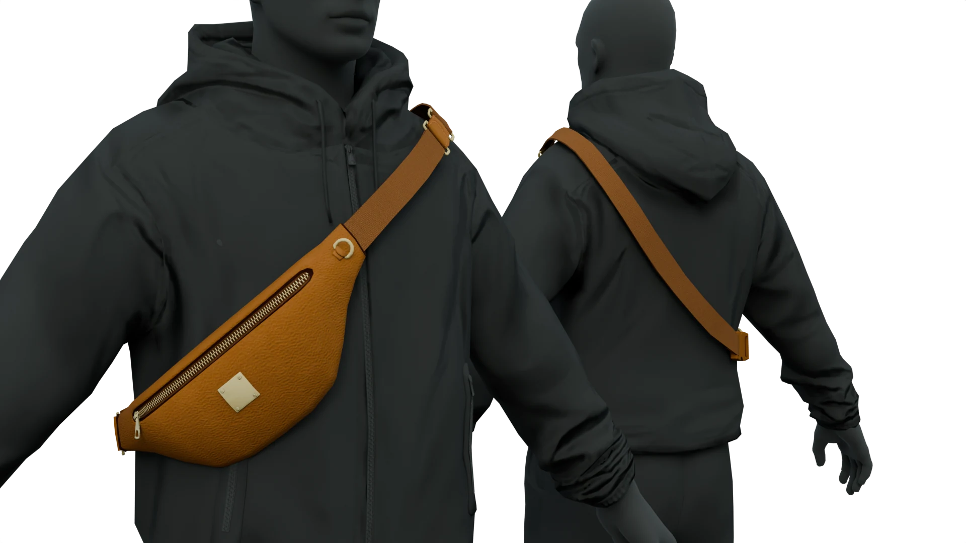 Tan crossbody bag over a dark jacket, close-up – FiveM 3D clothing asset (Waist & Belly Bags)