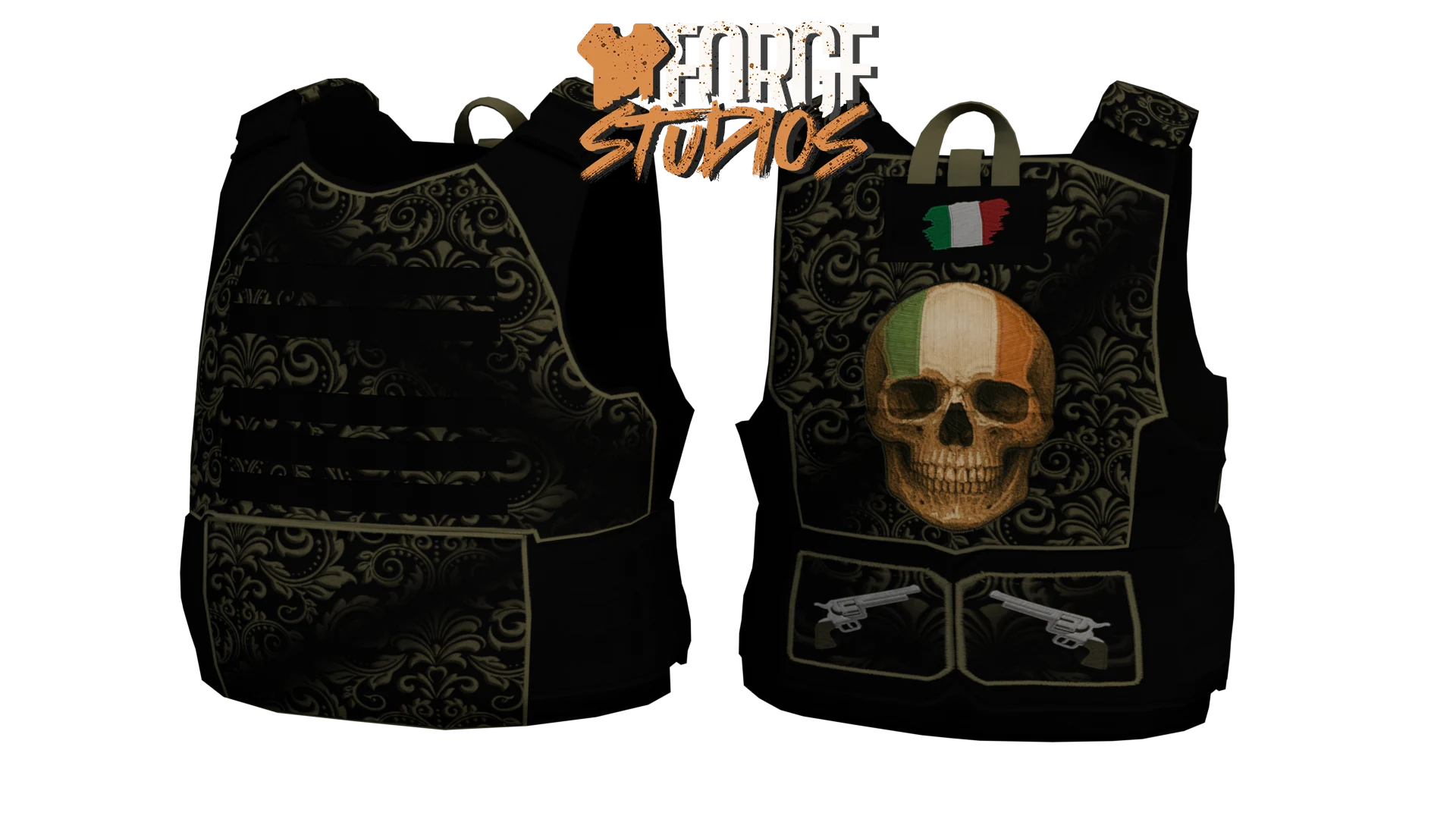 Black tactical vest with gold skull motif – FiveM mafia and cartel clothing (Odveta)