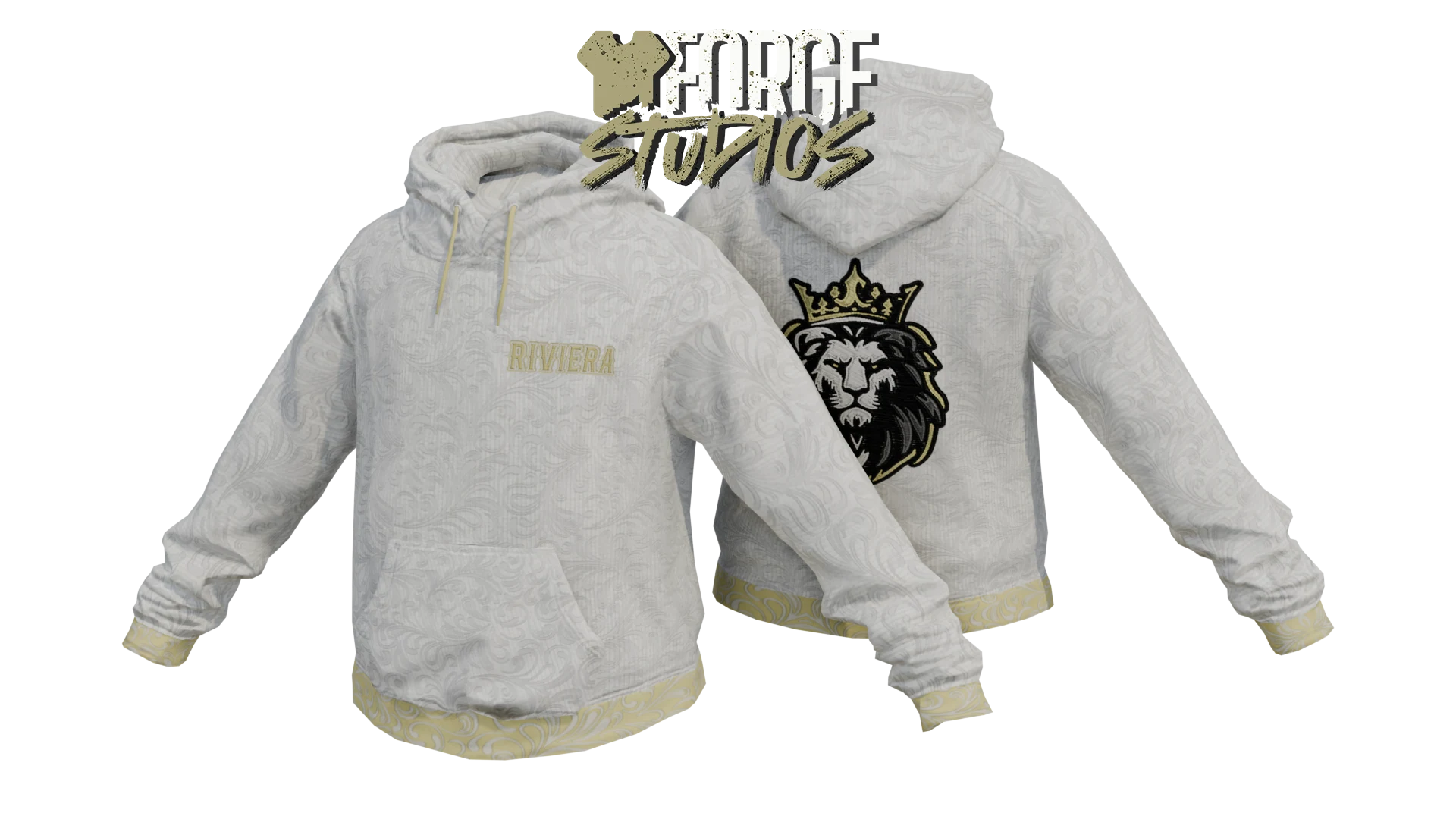 White hoodie with lion emblem – FiveM mafia and cartel clothing (Riviera)