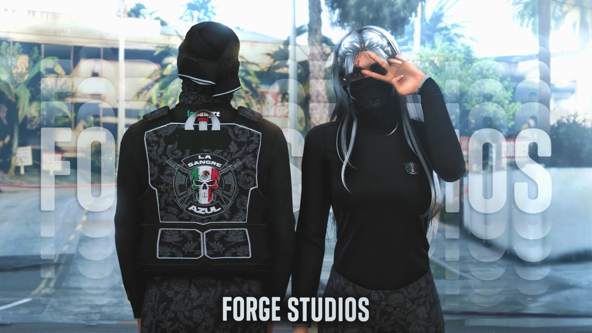 Black outfits with skull patches on two characters – FiveM mafia and cartel clothing (La Sangre Azul)