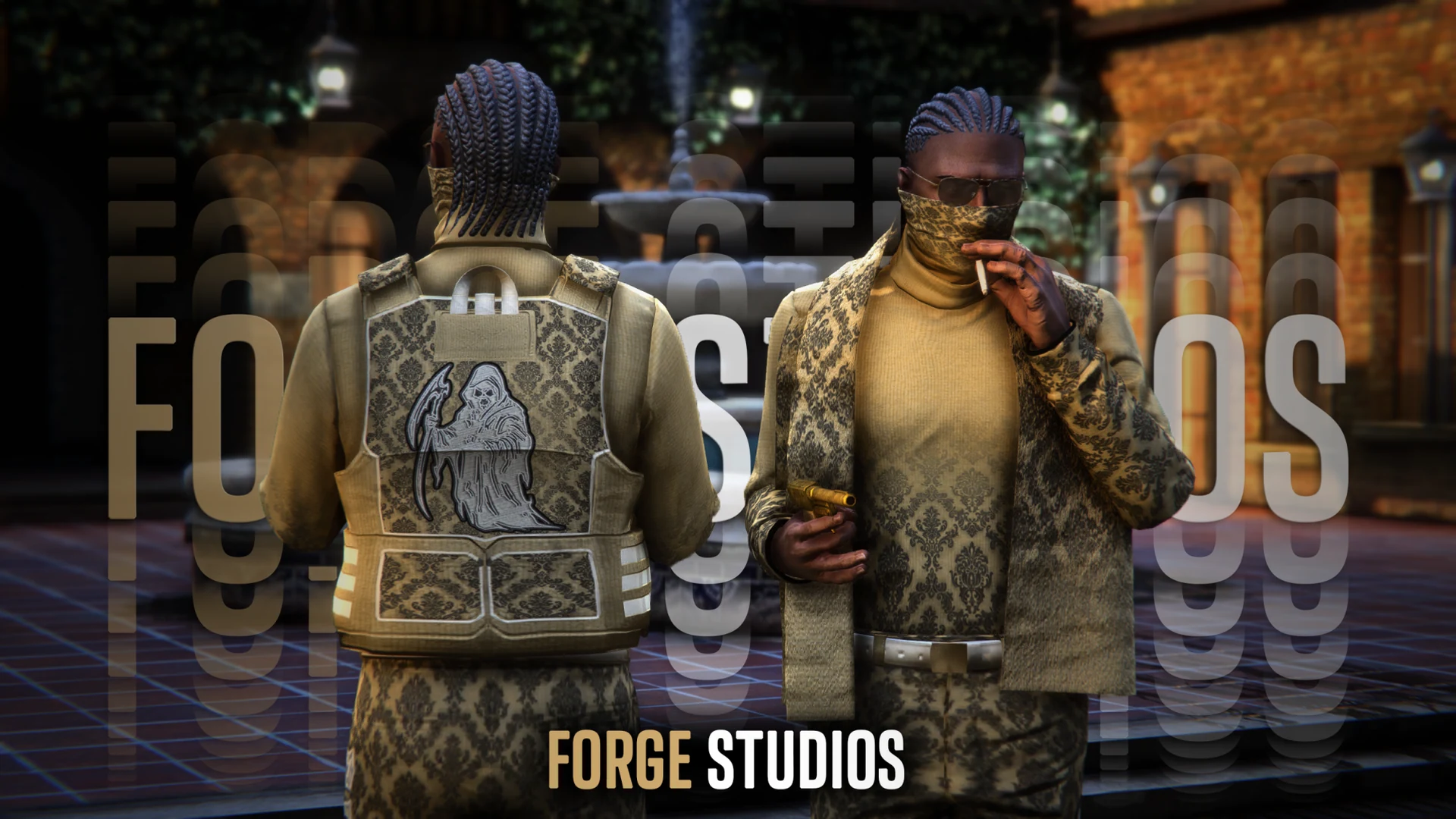 Beige patterned outfits on two characters – FiveM mafia and cartel clothing (Bloodhound)