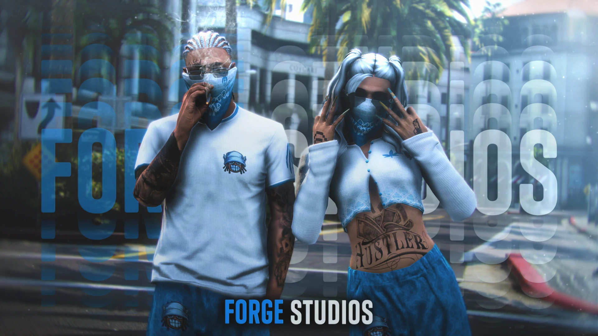 White tops and blue trousers on two characters – FiveM gang clothing for GTA RP (Neighbourhood)