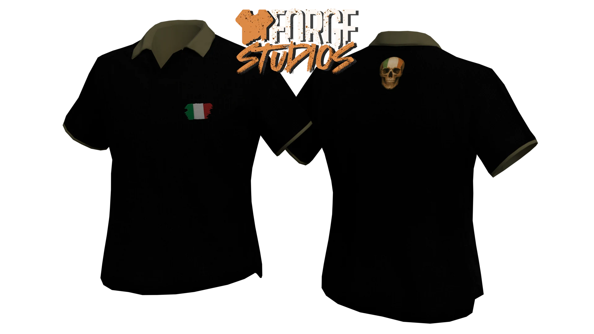 Black polo shirt with gold collar and skull emblem – FiveM mafia and cartel clothing (Odveta)