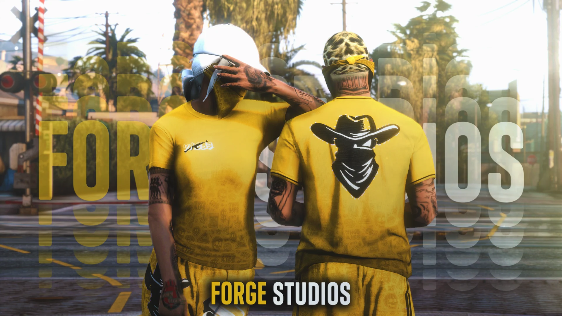 Yellow gang T-shirts and matching bandanas on two characters – FiveM gang clothing for GTA RP (Vagos)