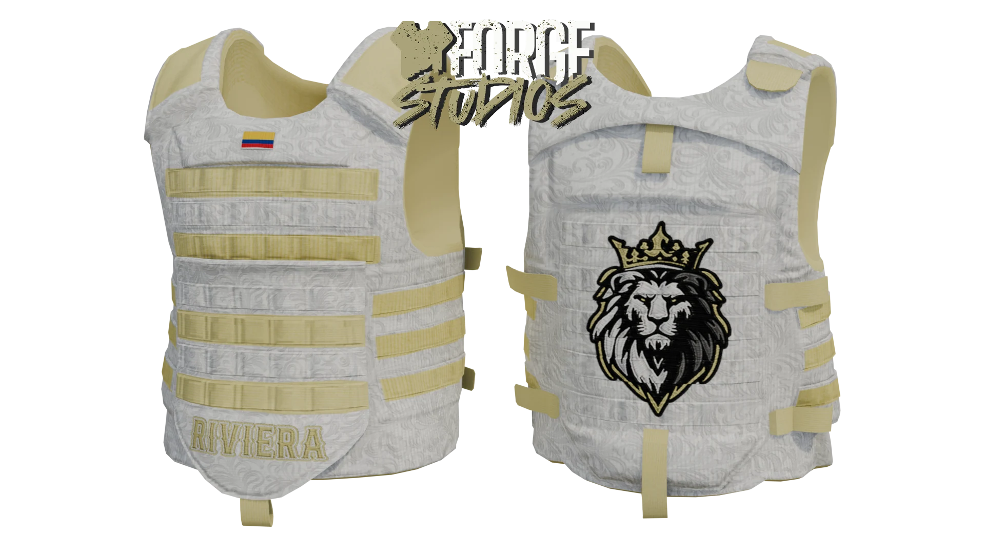 White tactical vest with cream straps and lion emblem – FiveM mafia and cartel clothing (Riviera)