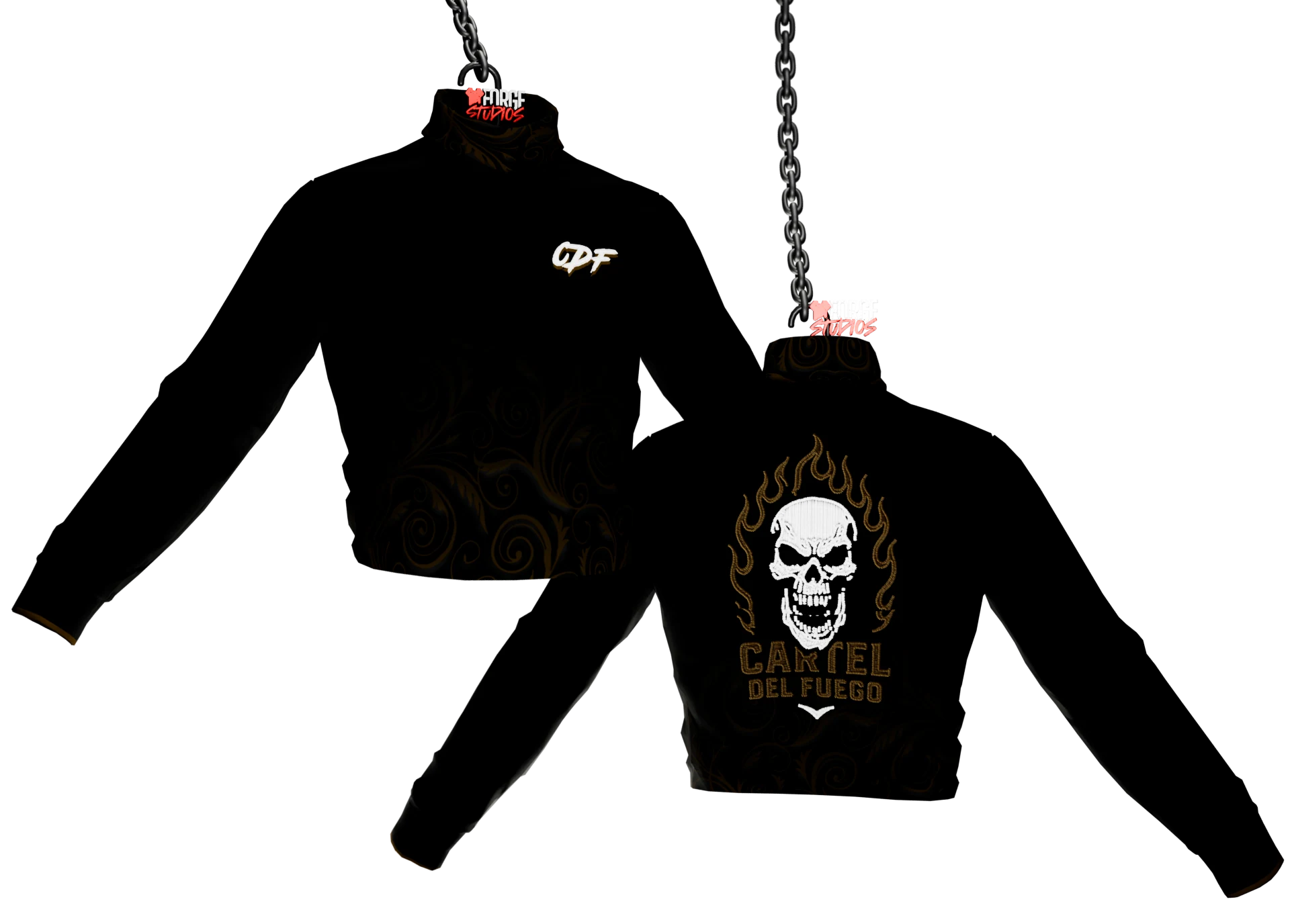 Black sweatshirt with gold skull graphic – FiveM faction clothing for GTA RP (Cartel de Fuego)