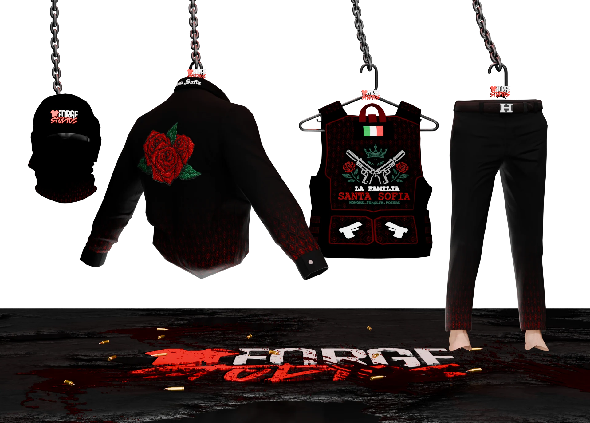 Black and red outfit with rose graphic, vest and trousers – FiveM faction clothing for GTA RP (Santa Sofia)