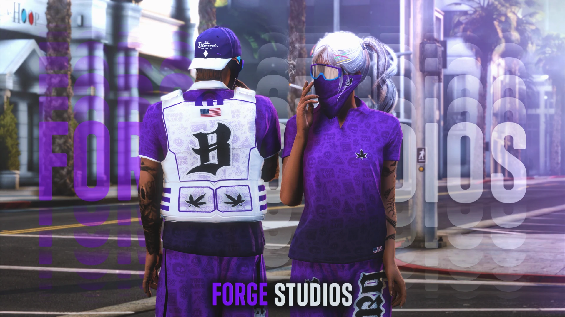 Purple gang outfits with a white tactical vest – FiveM gang clothing for GTA RP (Ballas)