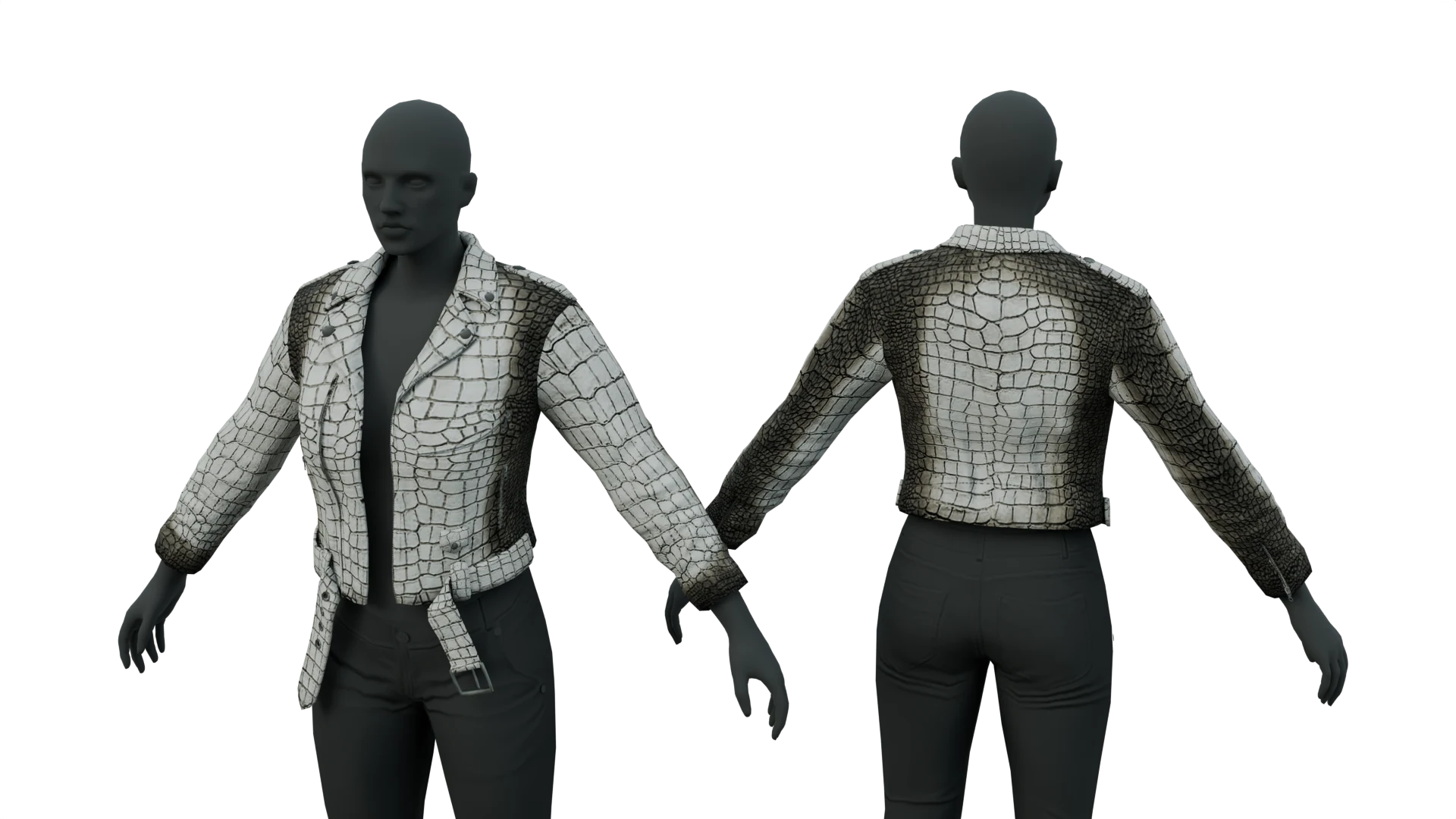 White reptile-pattern jacket, front and back – FiveM 3D clothing asset (Gator Jacket)