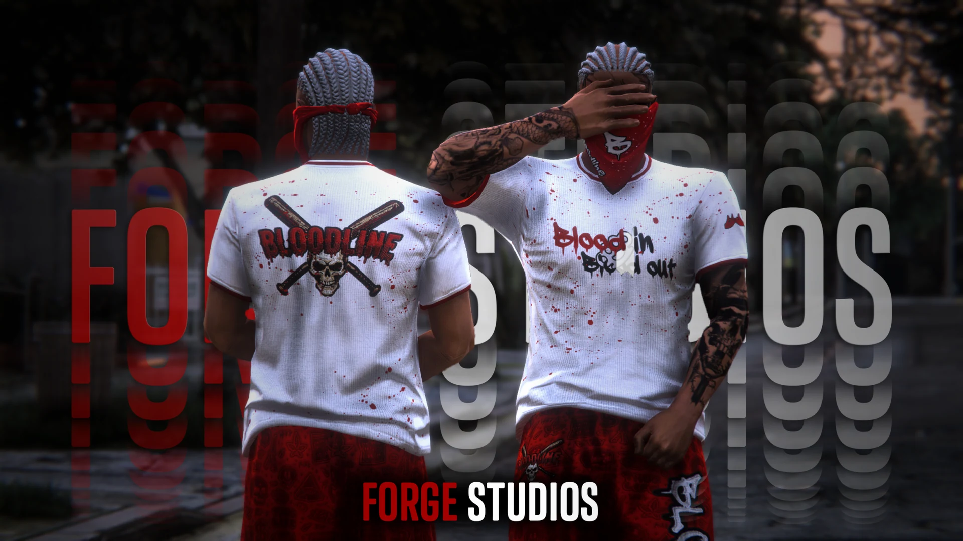 White gang T-shirts and red trousers on two characters – FiveM gang clothing for GTA RP (Bloodline 1.0)
