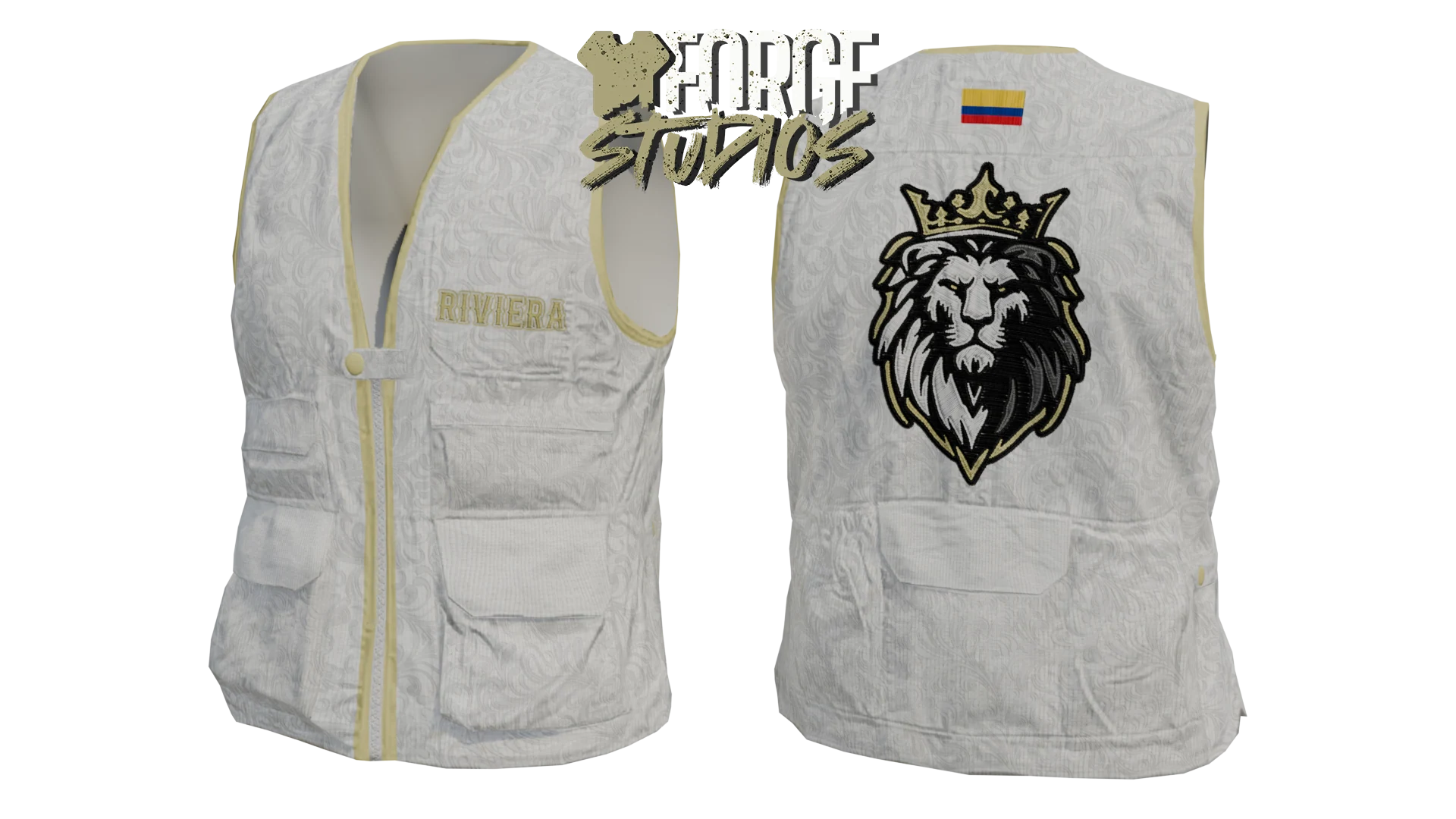 White utility vest with lion emblem – FiveM mafia and cartel clothing (Riviera)