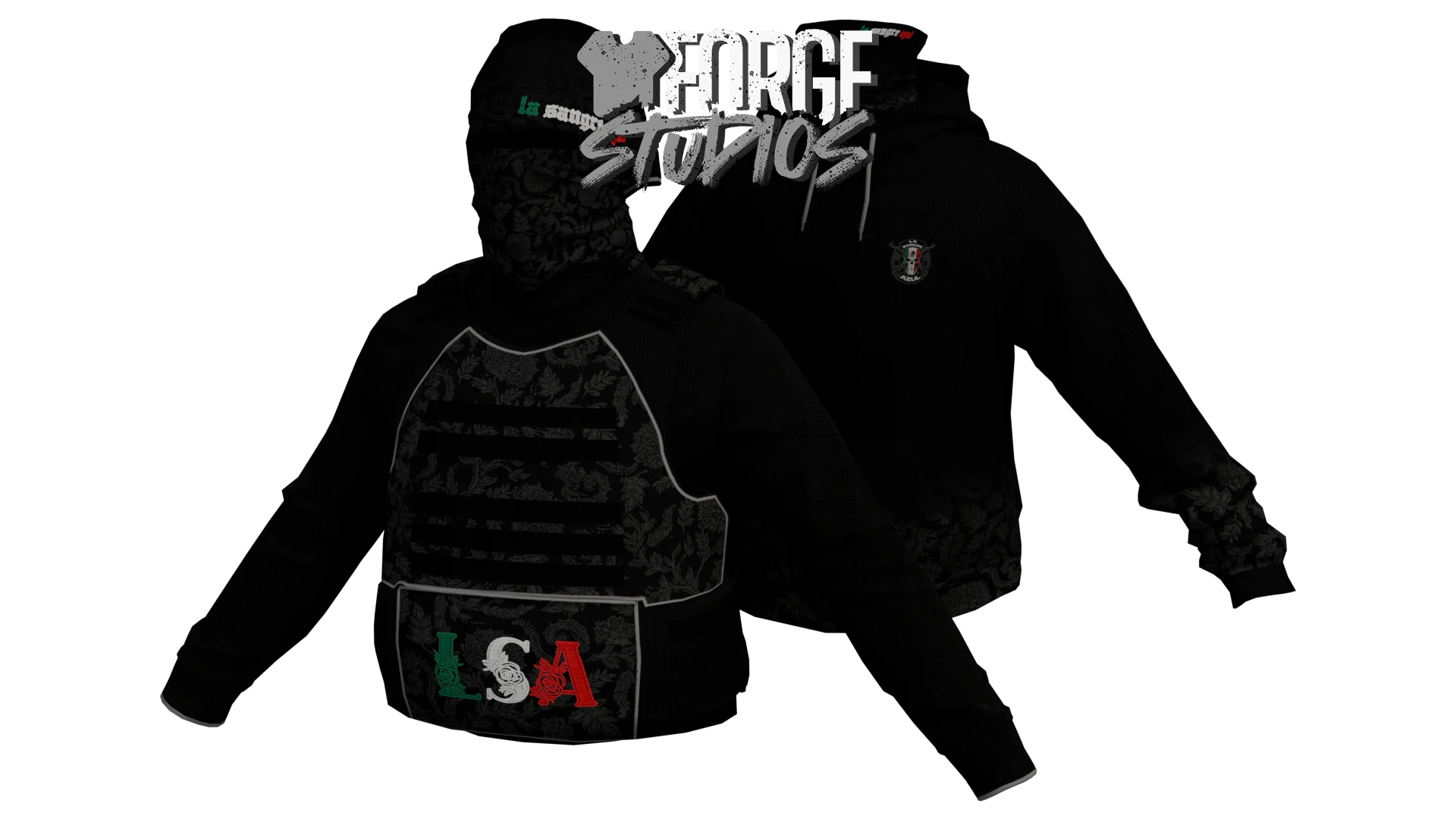 Black top and tactical vest with face covering – FiveM mafia and cartel clothing (La Sangre Azul)