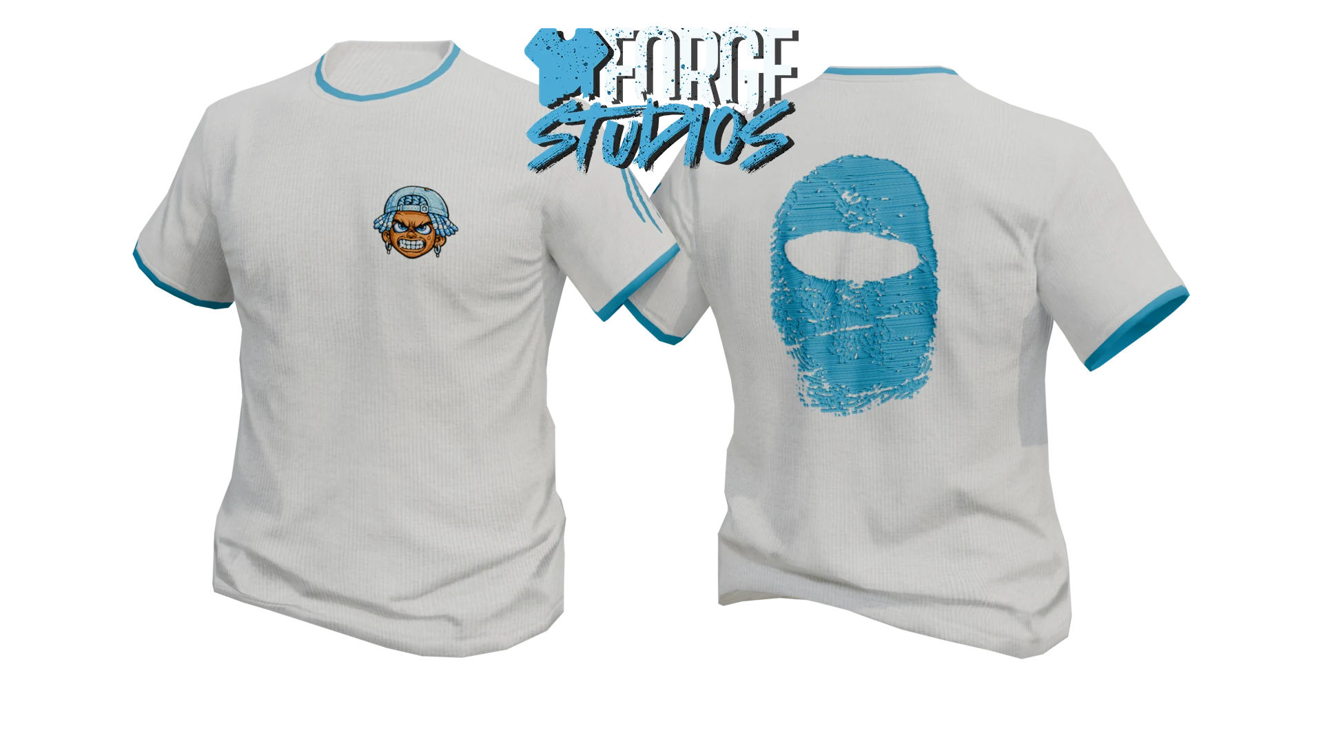 White T-shirt with blue trim and back graphic – FiveM gang clothing for GTA RP (Neighbourhood)