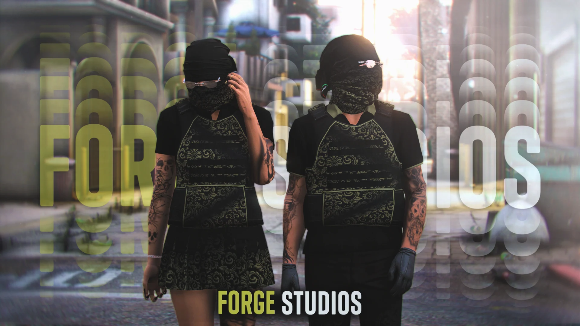 Black outfits with gold patterns on two characters – FiveM mafia and cartel clothing (Odveta)