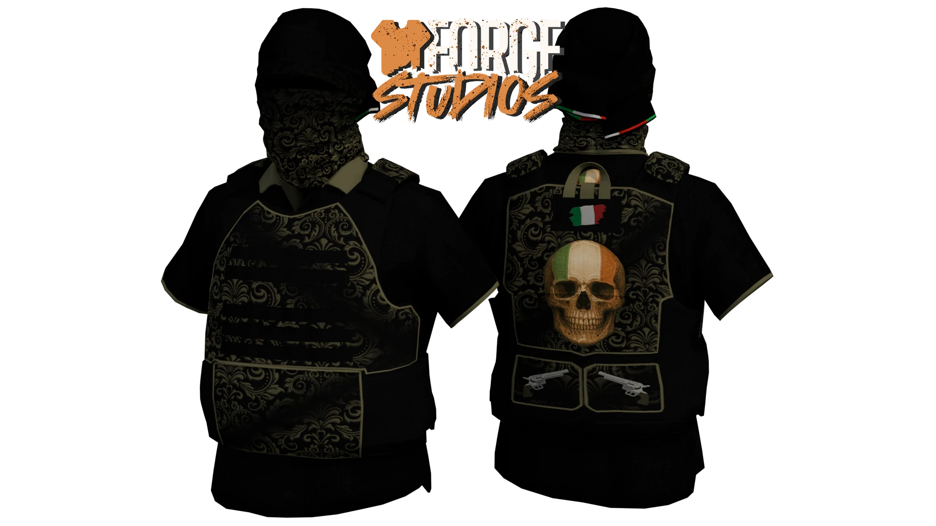 Black polo outfit with gold-patterned vest and face covering – FiveM mafia and cartel clothing (Odveta)