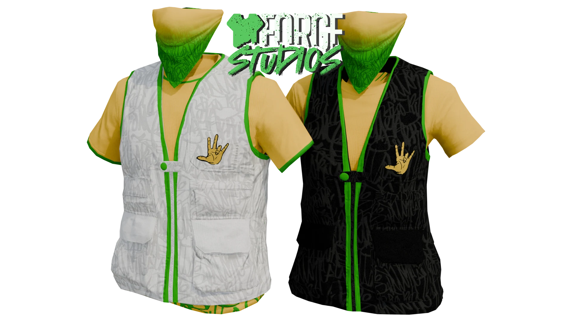 Black and white utility vests over yellow shirts – FiveM gang clothing for GTA RP (7th Yards)