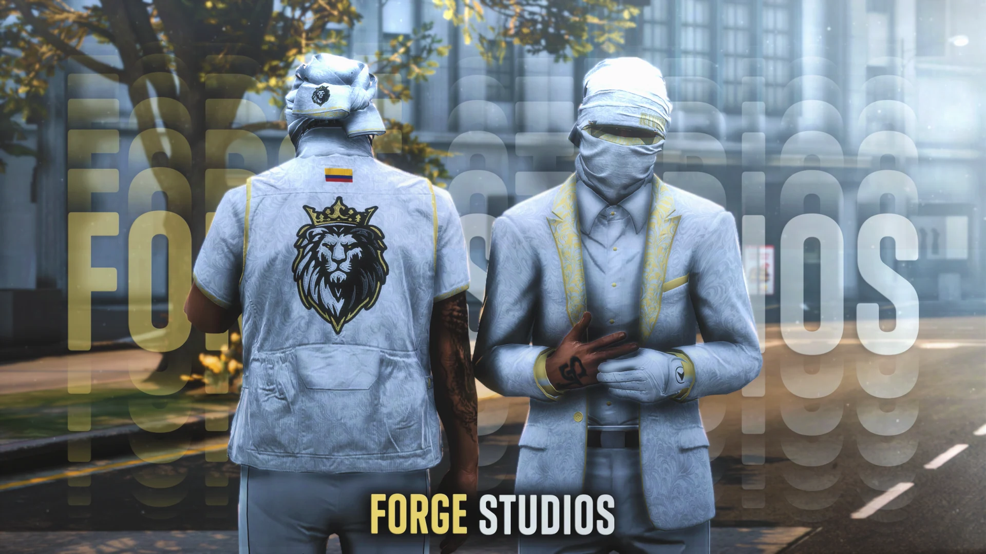 White and cream outfits with lion emblems on two characters – FiveM mafia and cartel clothing (Riviera)
