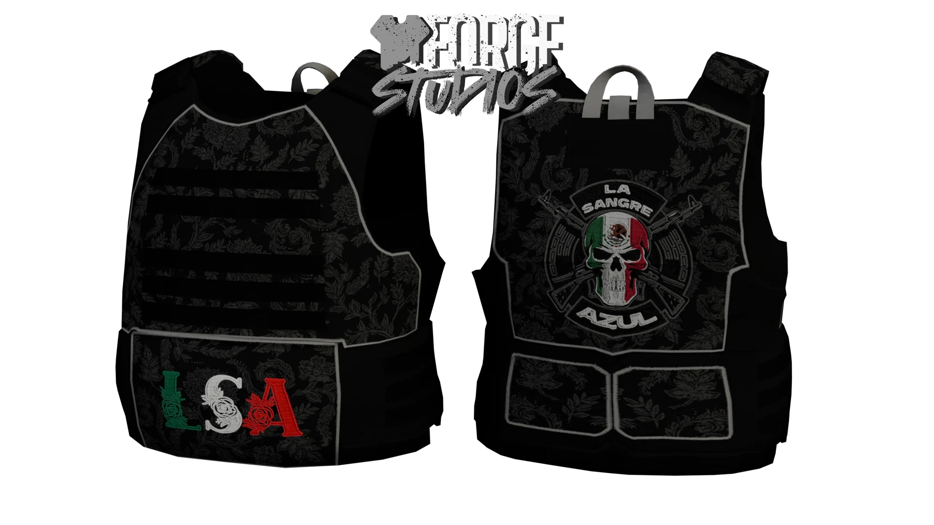 Black tactical vest with skull patch – FiveM mafia and cartel clothing (La Sangre Azul)