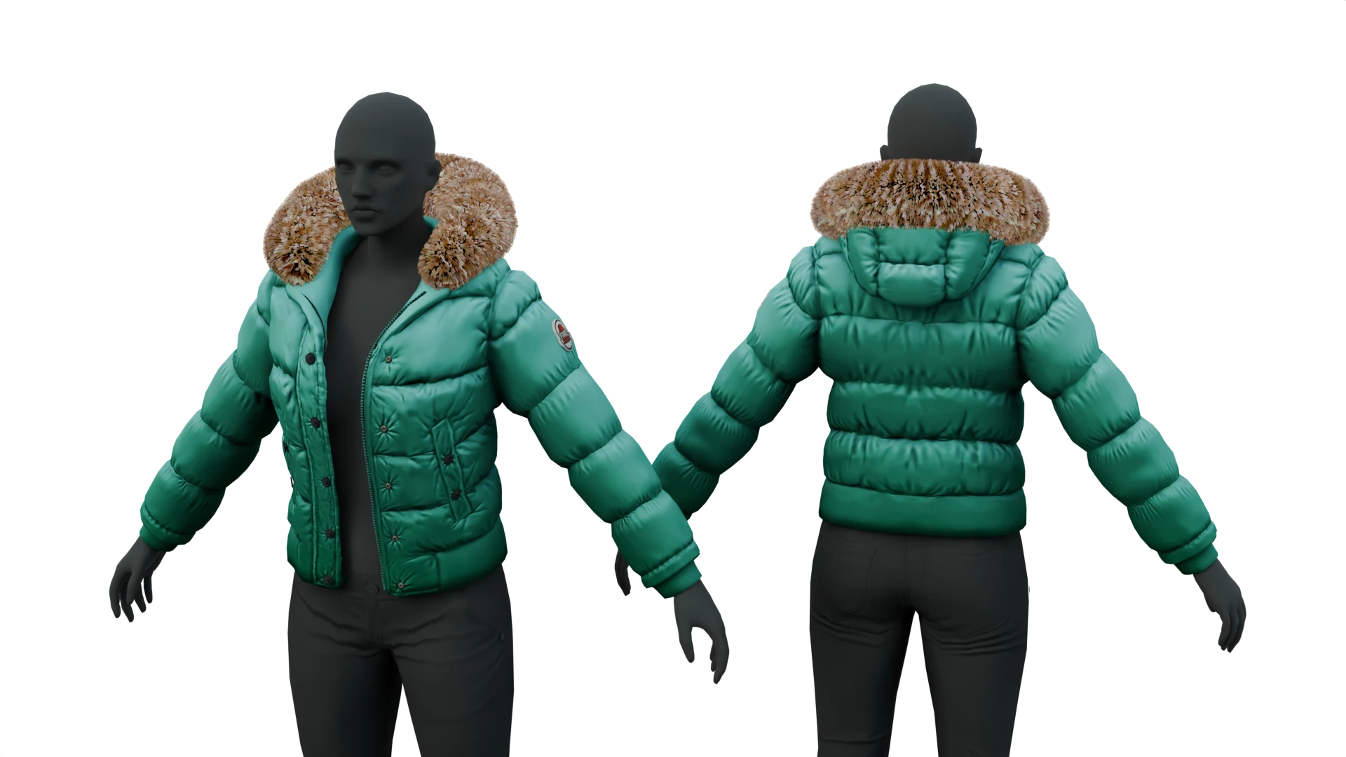 Turquoise puffer jacket with tan fur-trimmed collar – FiveM 3D clothing asset (Puffer Jacket)