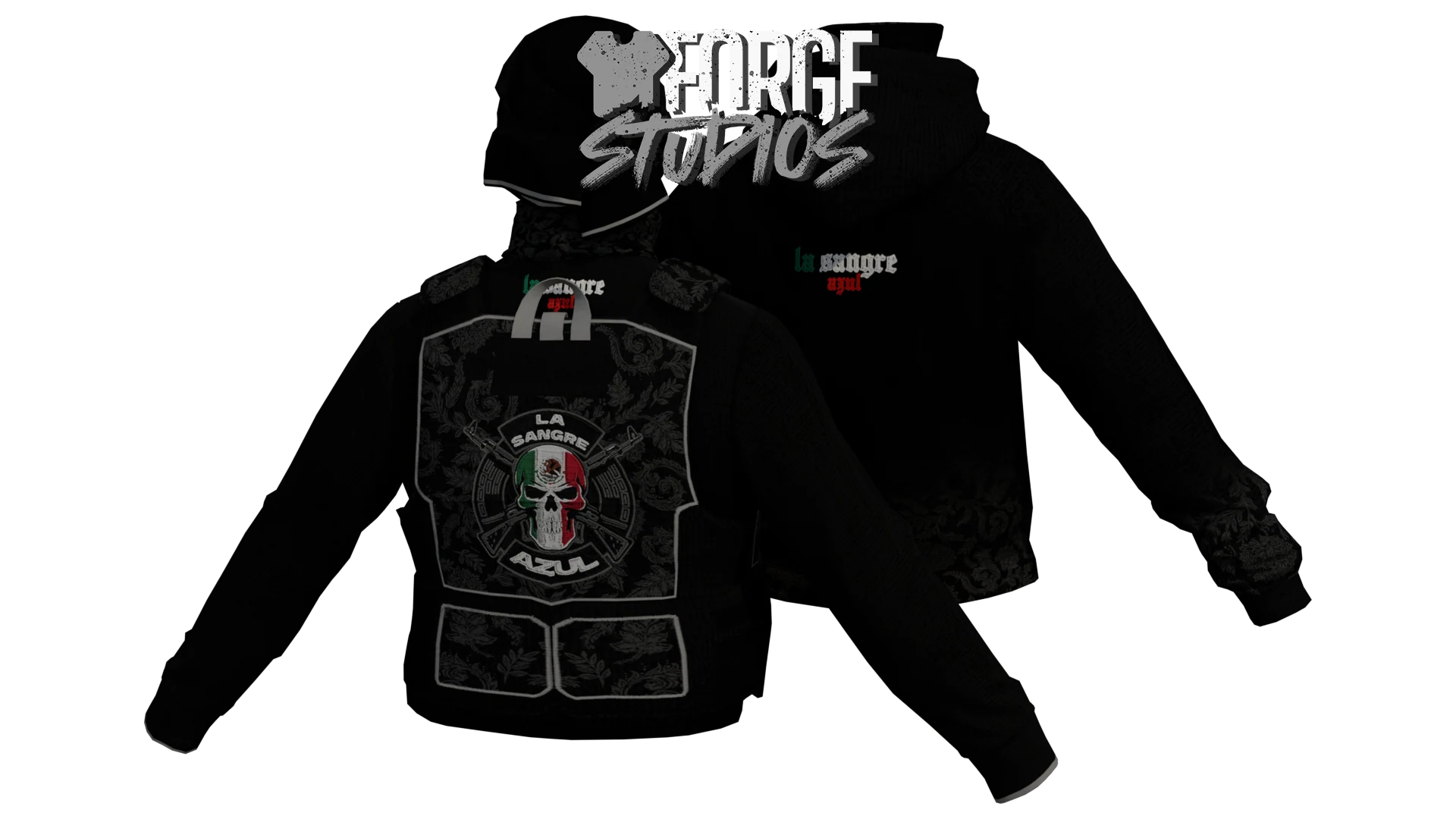 Black hoodie and tactical vest outfit – FiveM mafia and cartel clothing (La Sangre Azul)