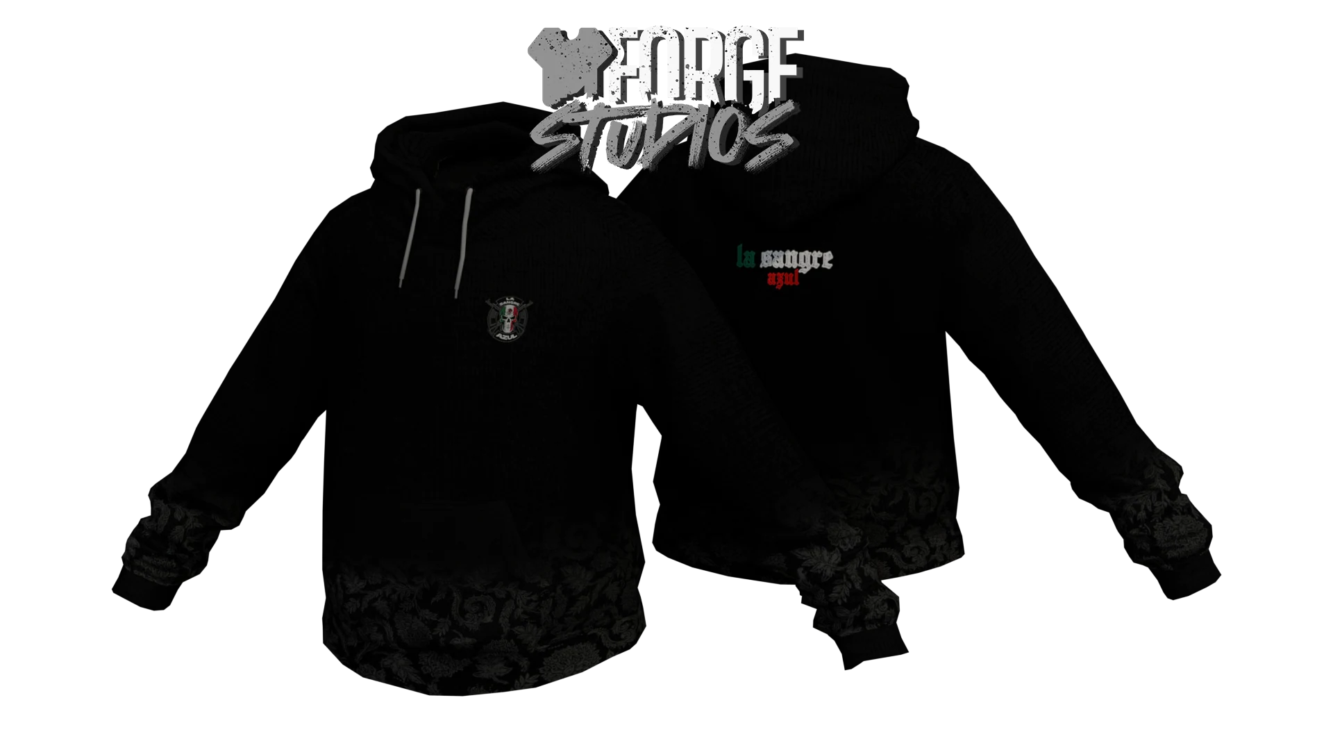 Black hoodie with patterned hem – FiveM mafia and cartel clothing (La Sangre Azul)