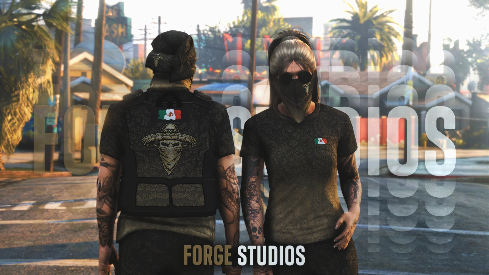 Dark brown and black outfits on two characters – FiveM mafia and cartel clothing (Sicario)