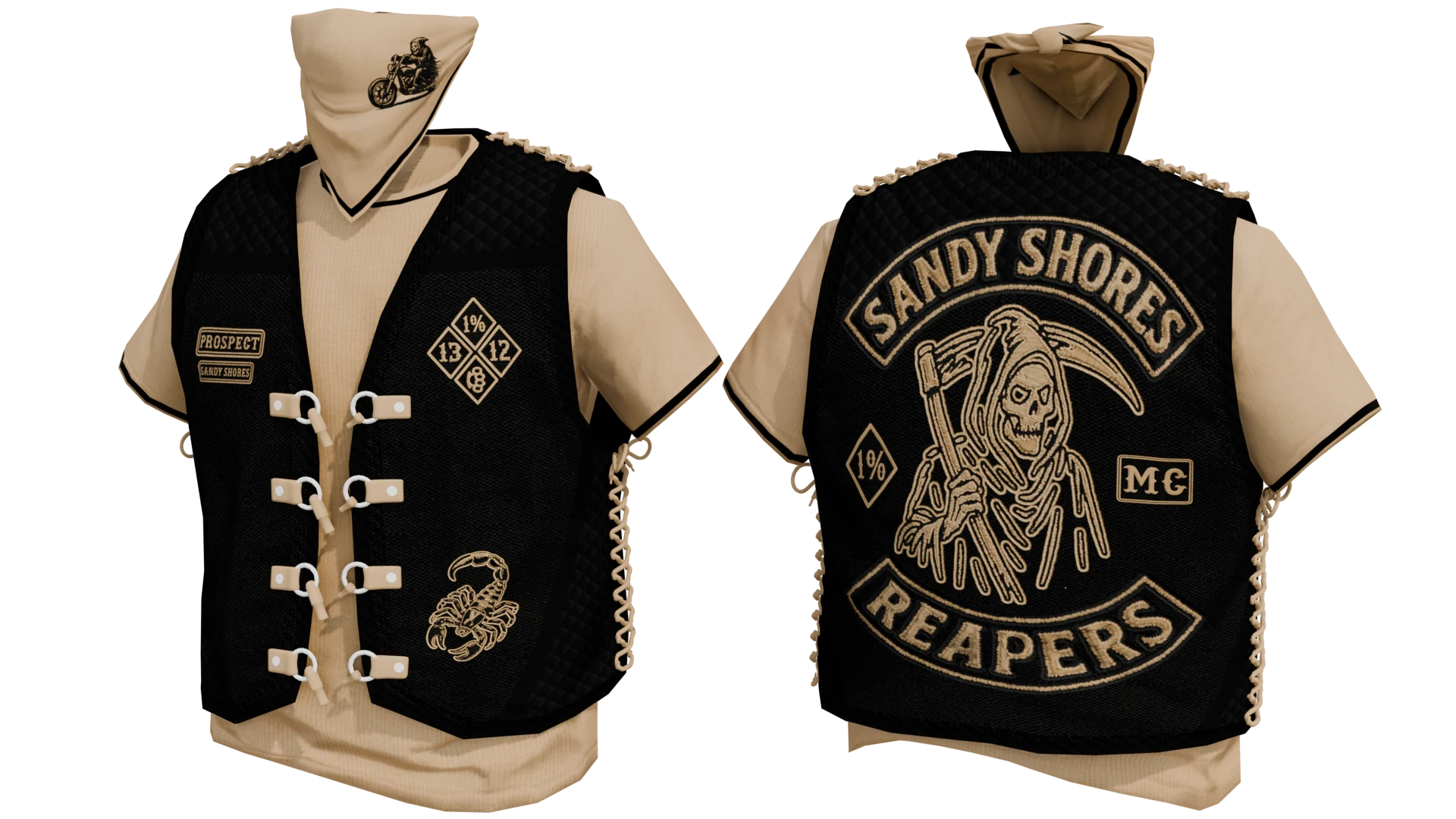 Black biker vest over a beige shirt with matching face covering – FiveM MC clothing (Reapers MC)