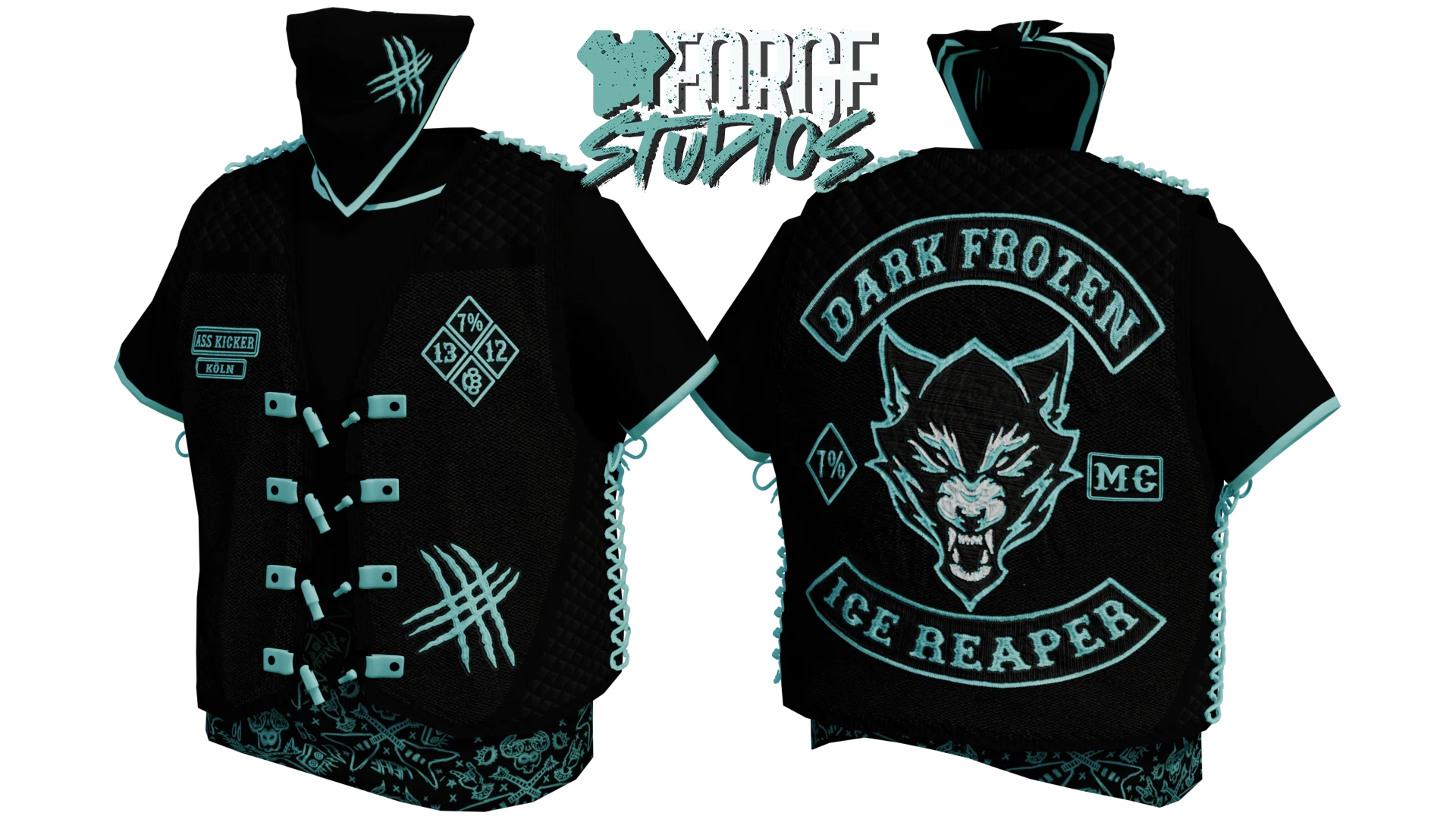 Black biker outfit with cyan patches and trim – FiveM MC clothing (Dark Frozen MC)