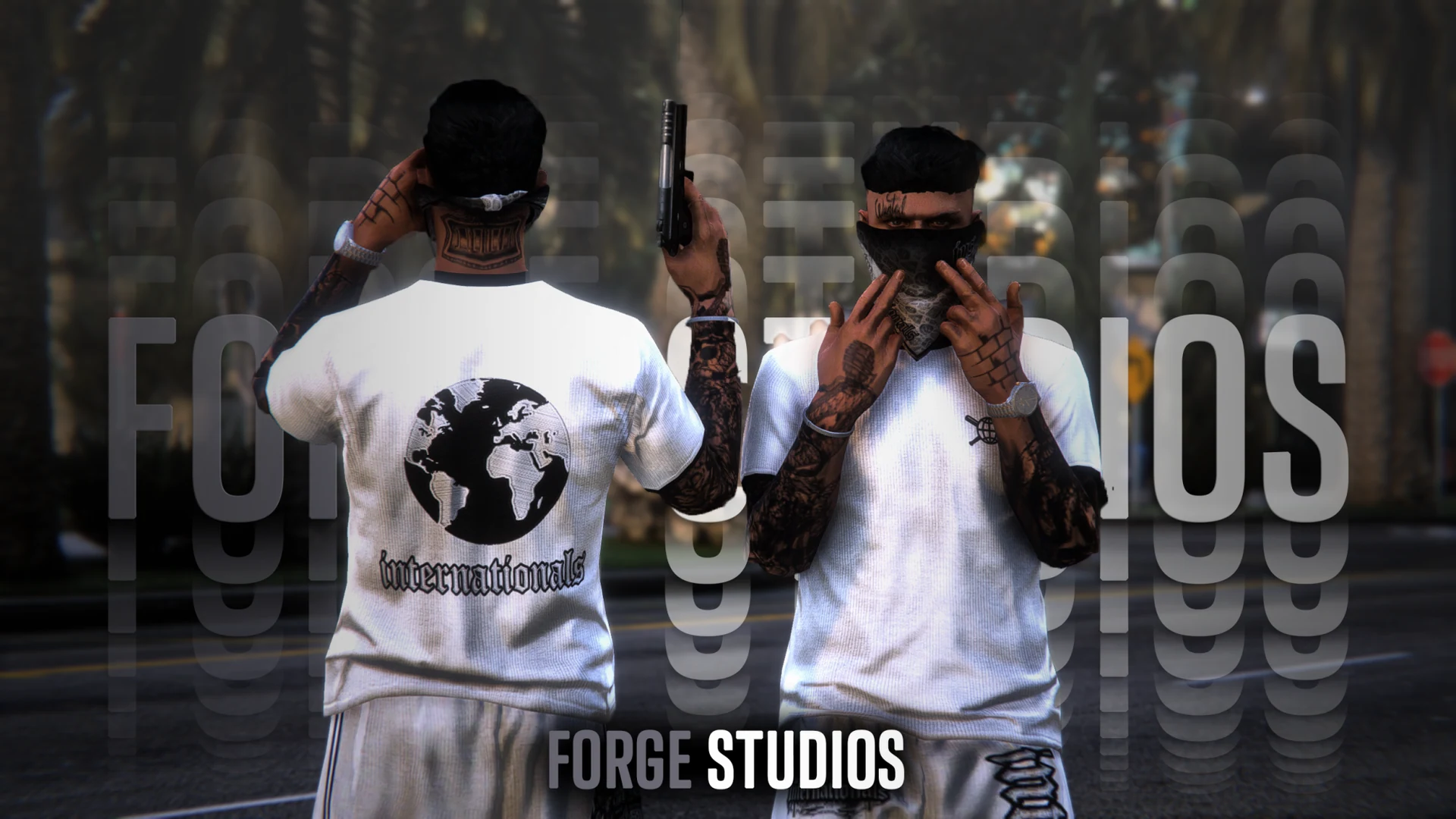 White street-gang T-shirts and trousers on two characters – FiveM gang clothing for GTA RP (Internationals)