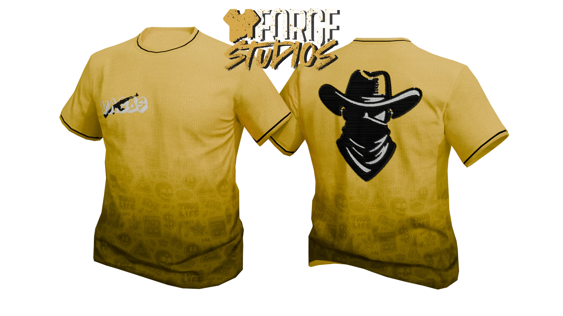 Yellow T-shirt with masked-cowboy graphic – FiveM gang clothing for GTA RP (Vagos)